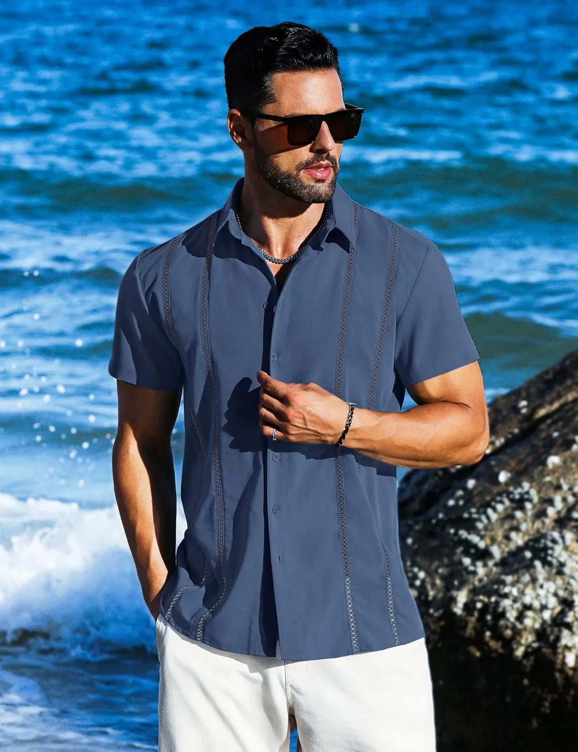 LETSEE Men's Cuban Guayabera Shirt Short Sleeve Casual Button Down Shirts Summer Beach Linen Shirts
