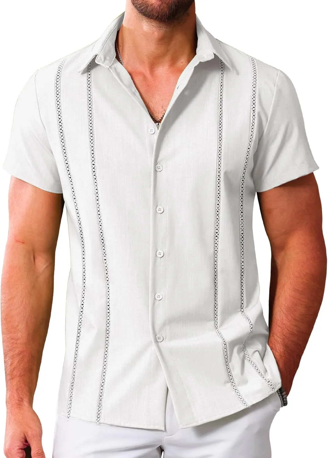 LETSEE Men's Cuban Guayabera Shirt Short Sleeve Casual Button Down Shirts Summer Beach Linen Shirts