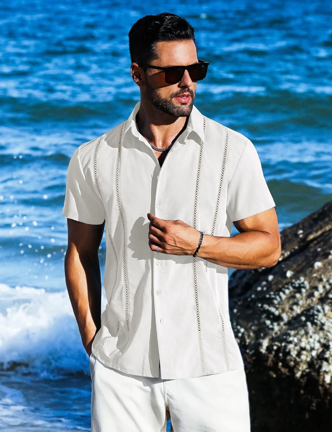 LETSEE Men's Cuban Guayabera Shirt Short Sleeve Casual Button Down Shirts Summer Beach Linen Shirts