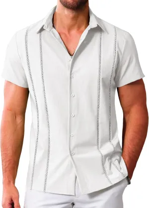 LETSEE Men's Cuban Guayabera Shirt Short Sleeve Casual Button Down Shirts Summer Beach Linen Shirts
