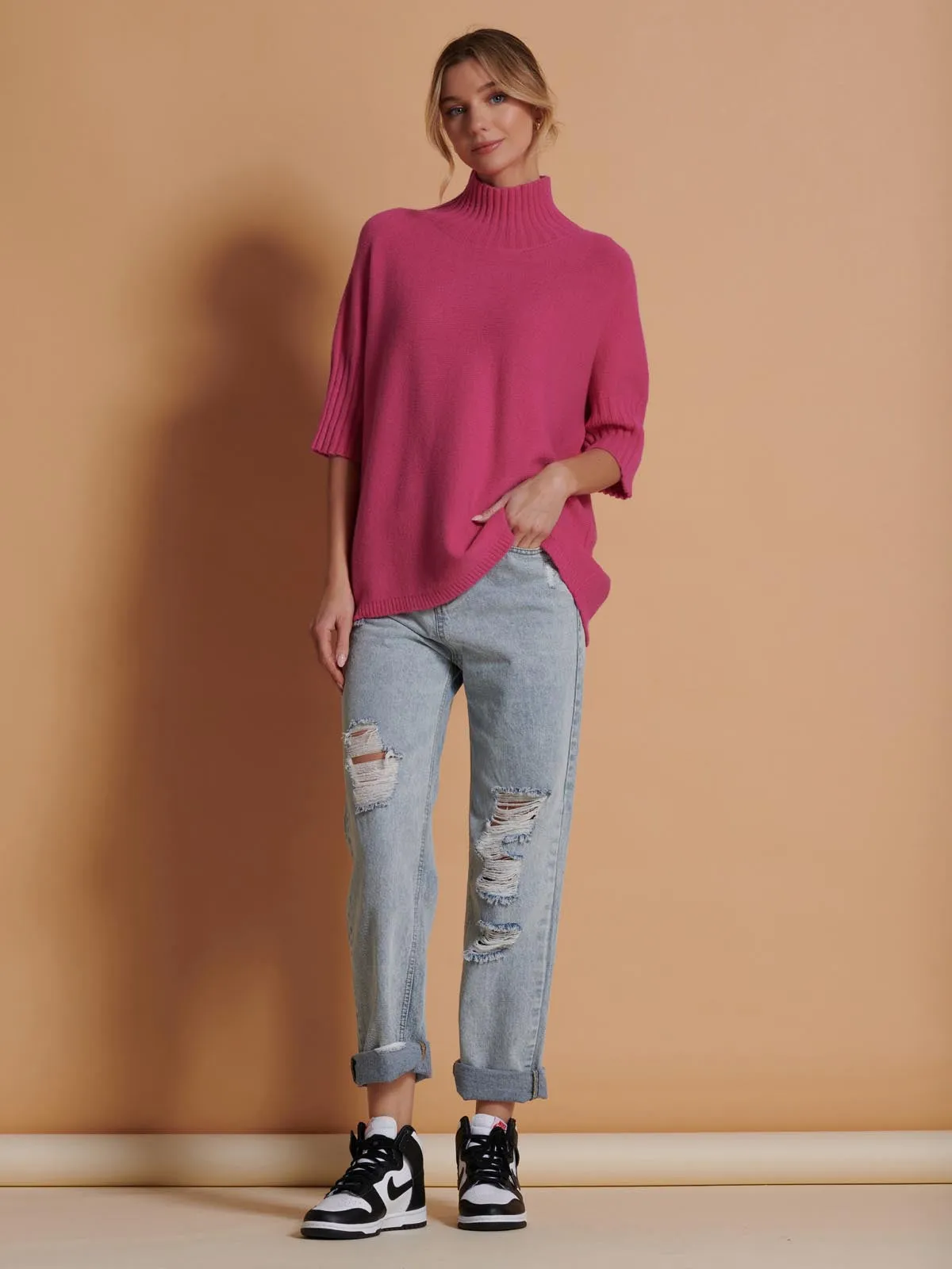 Made in Italy High Neck Half Sleeve Jumper, Hot Pink