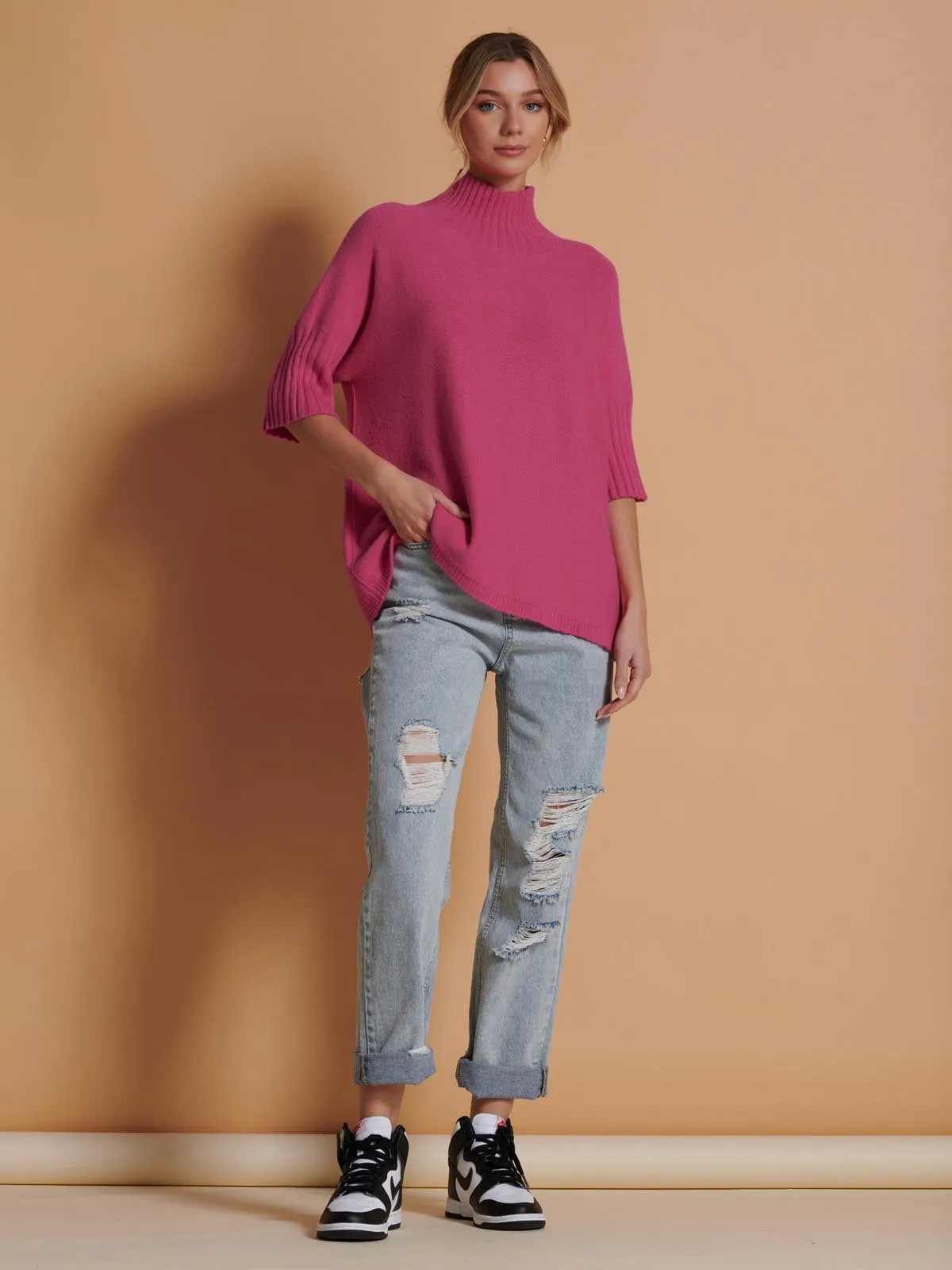 Made in Italy High Neck Half Sleeve Jumper, Hot Pink