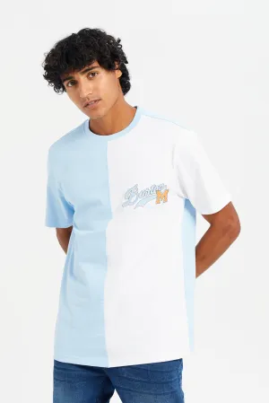 Men White And Blue Cut & Sew T-Shirt