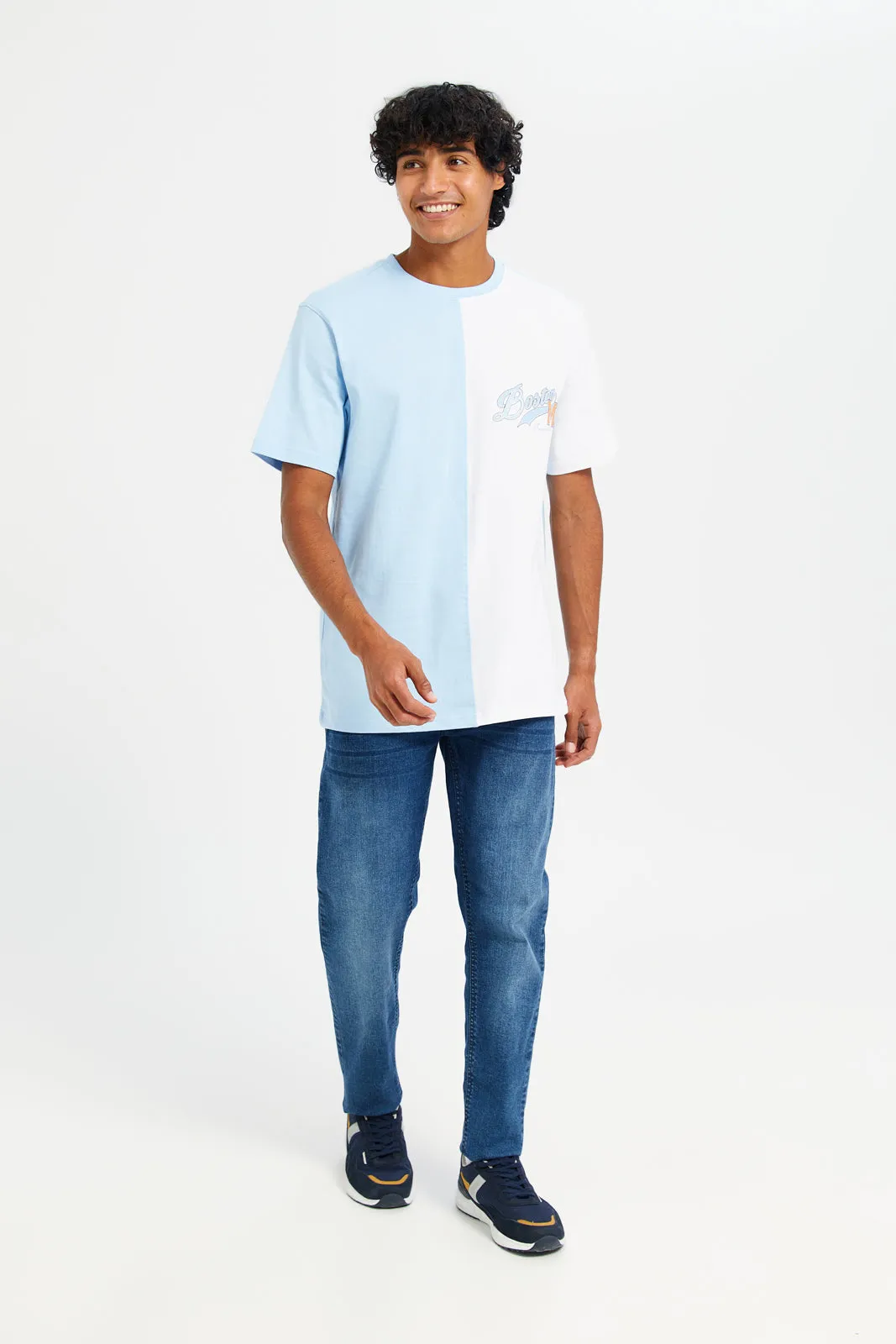 Men White And Blue Cut & Sew T-Shirt