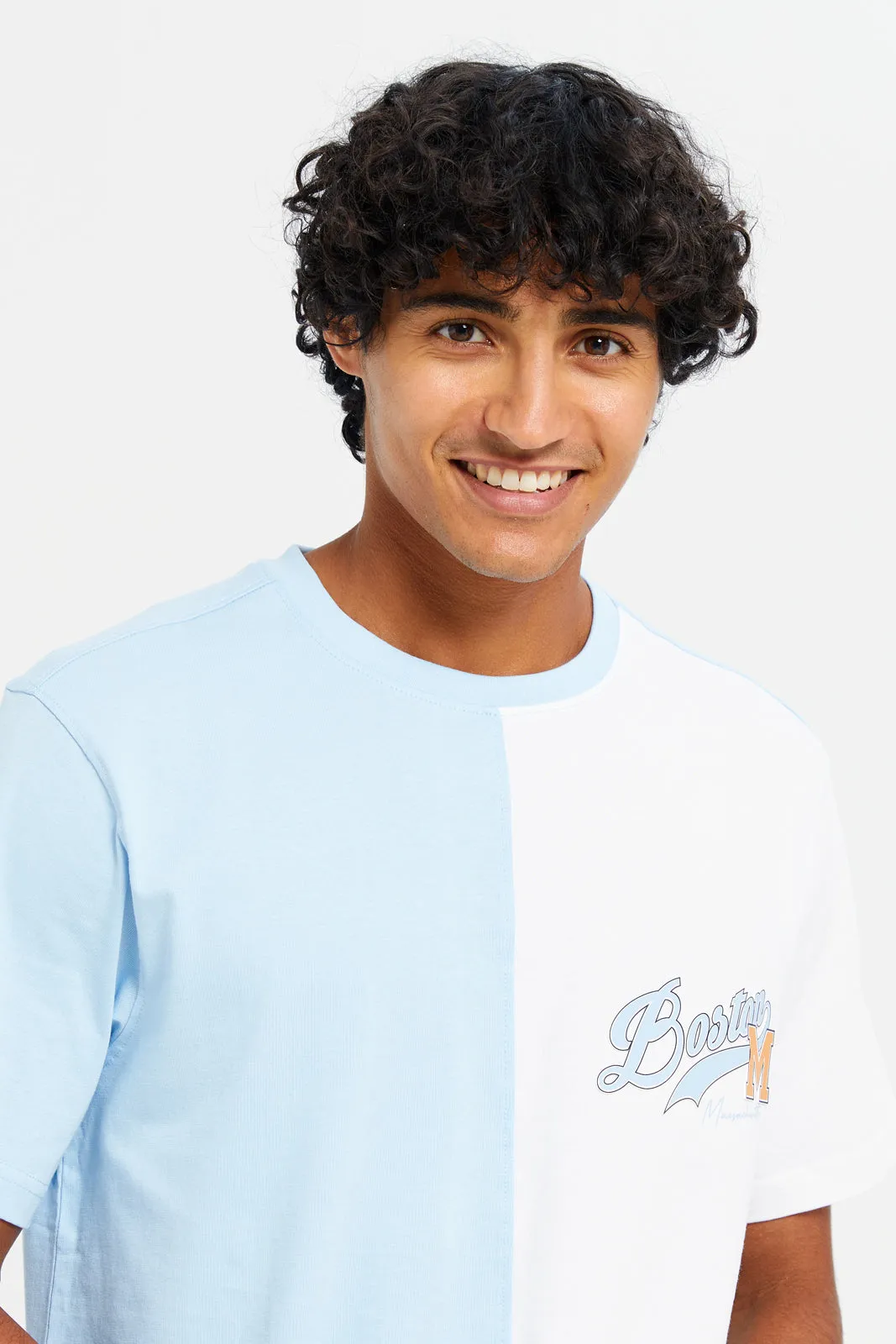 Men White And Blue Cut & Sew T-Shirt