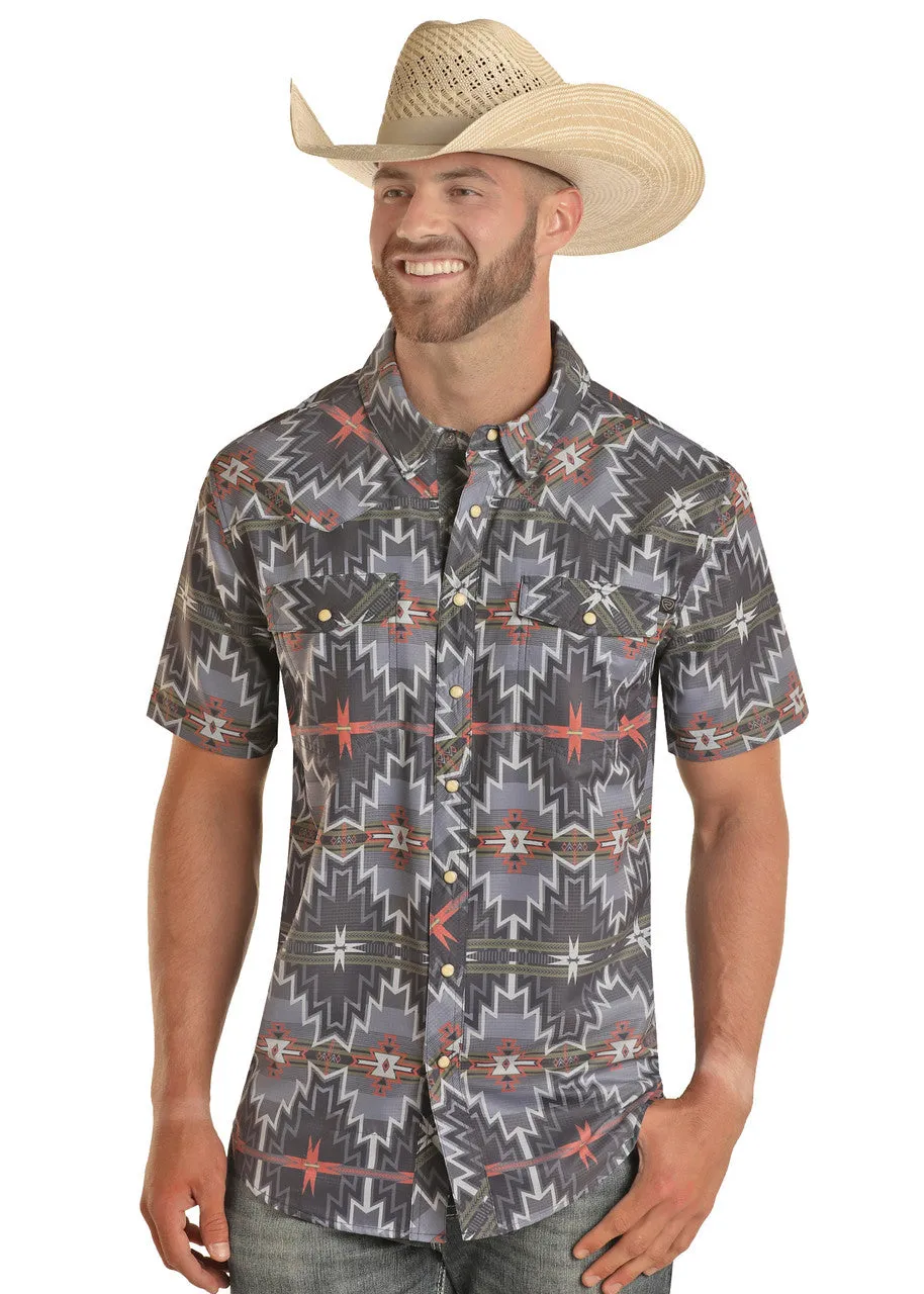 Men's Rock & Roll Aztec Print Tek Short Sleeve Snap Shirt