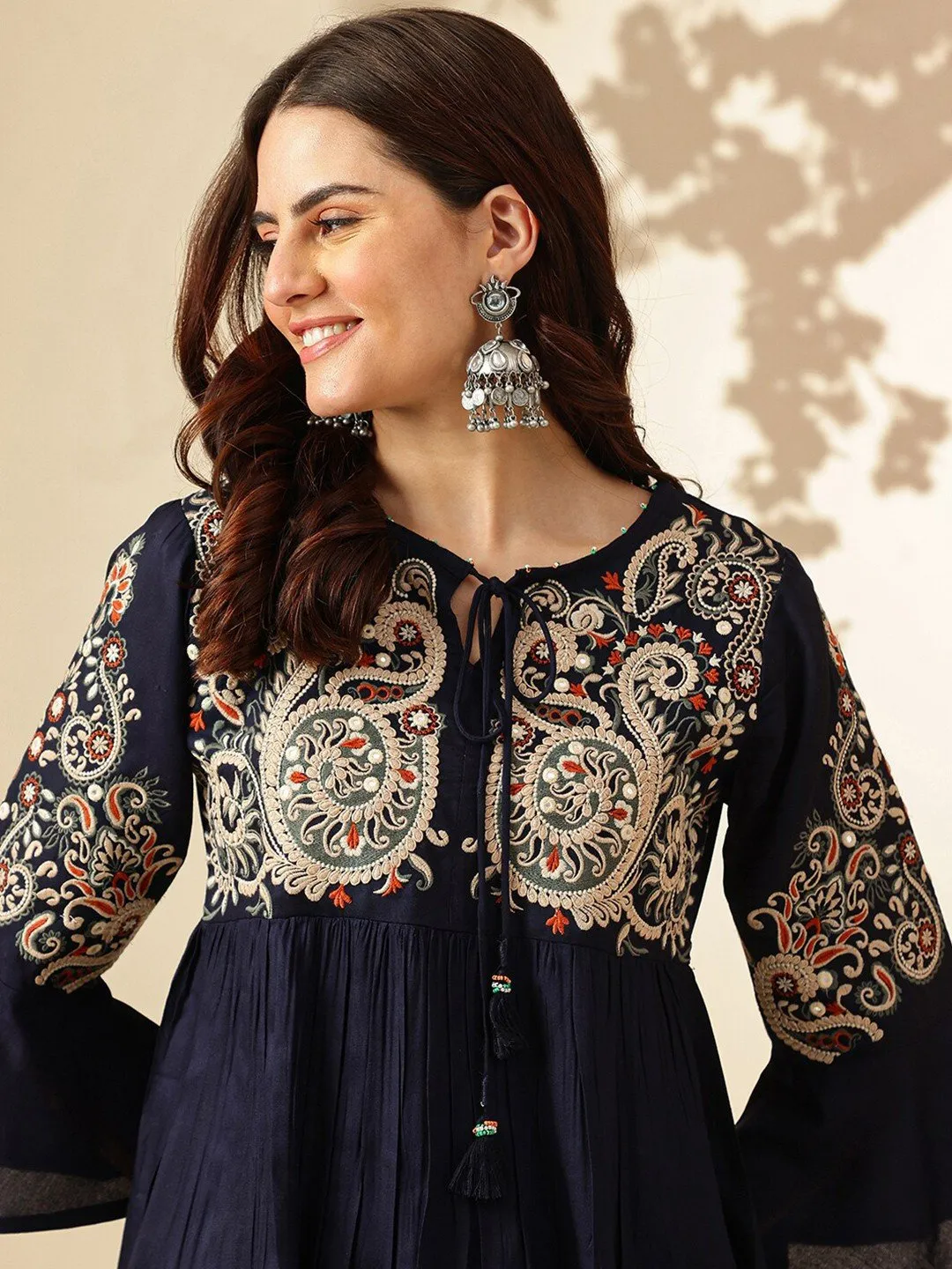Navy Blue Ethnic Motif Tie-Up Neck Top