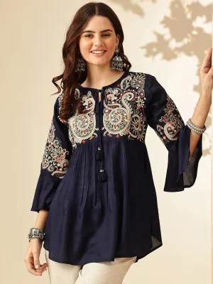 Navy Blue Ethnic Motif Tie-Up Neck Top