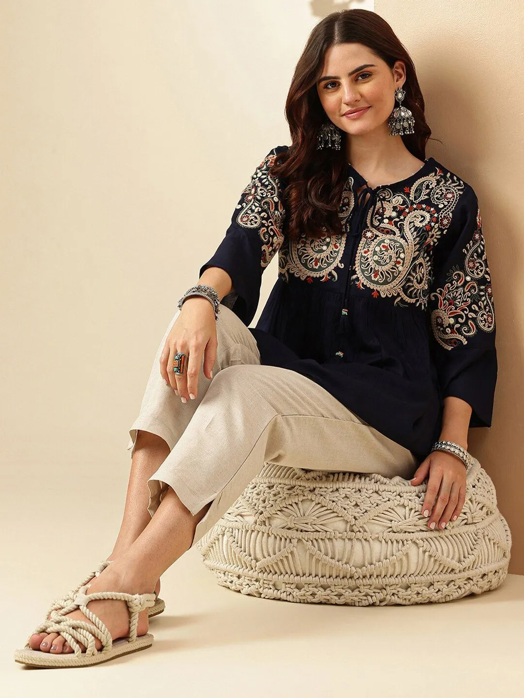 Navy Blue Ethnic Motif Tie-Up Neck Top