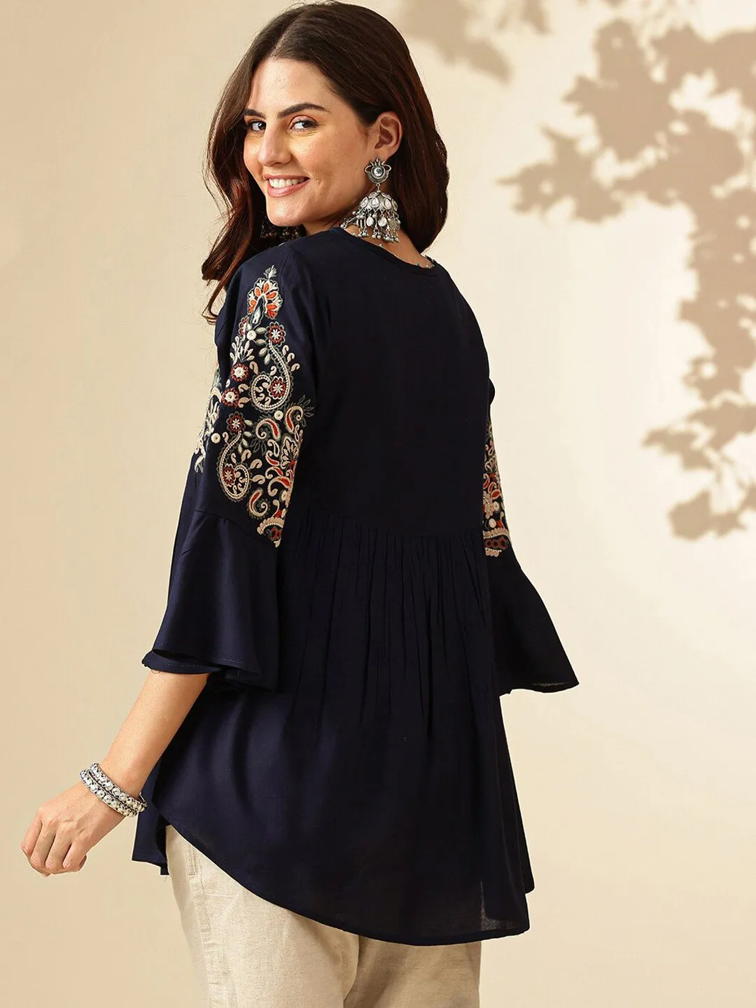 Navy Blue Ethnic Motif Tie-Up Neck Top