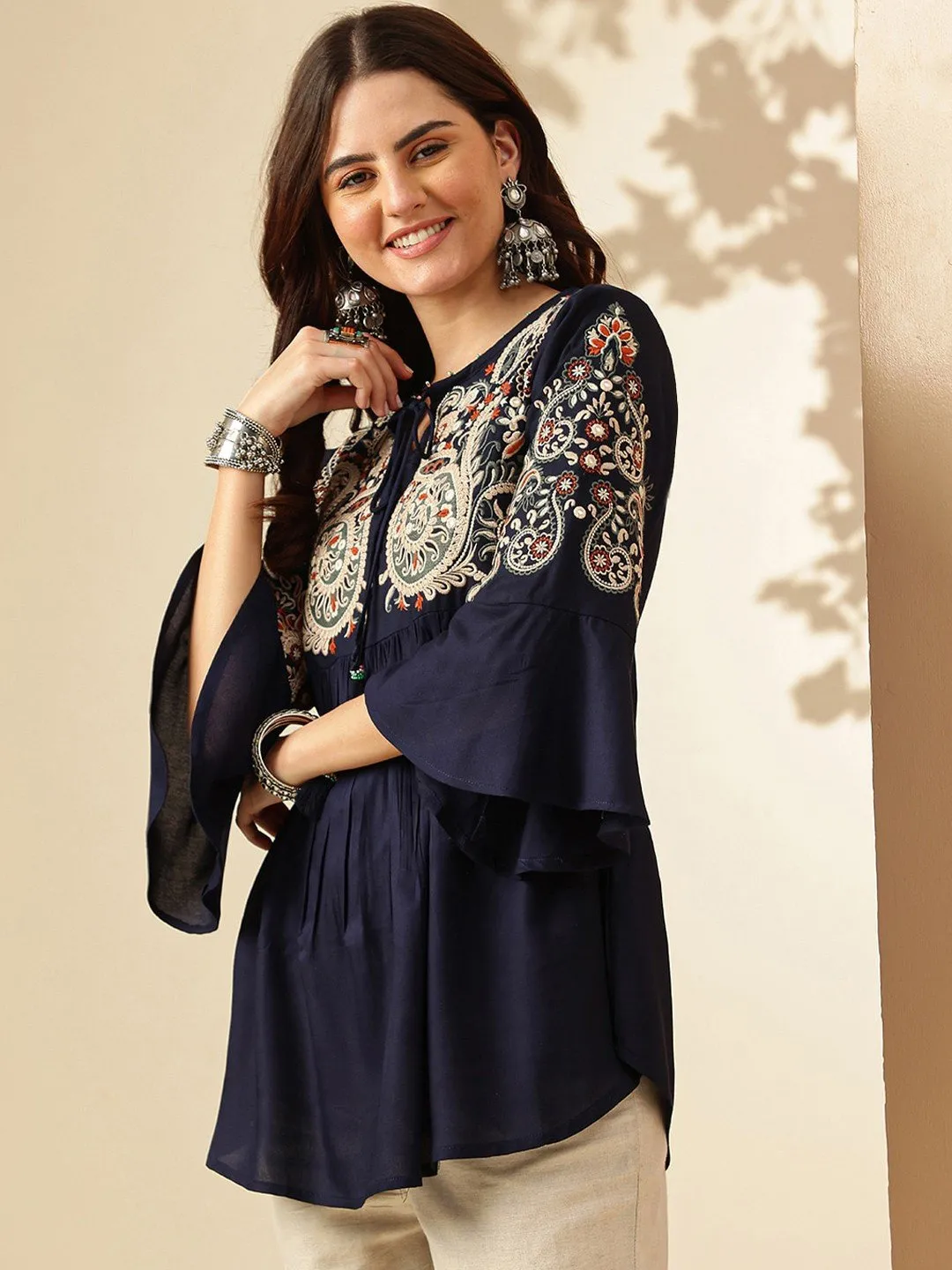 Navy Blue Ethnic Motif Tie-Up Neck Top