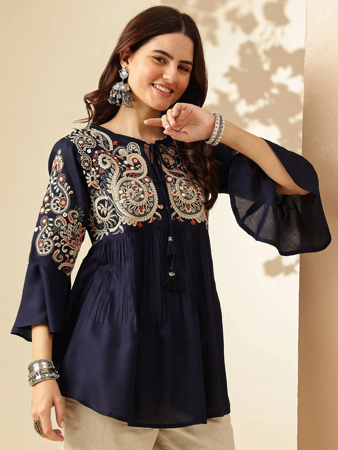 Navy Blue Ethnic Motif Tie-Up Neck Top