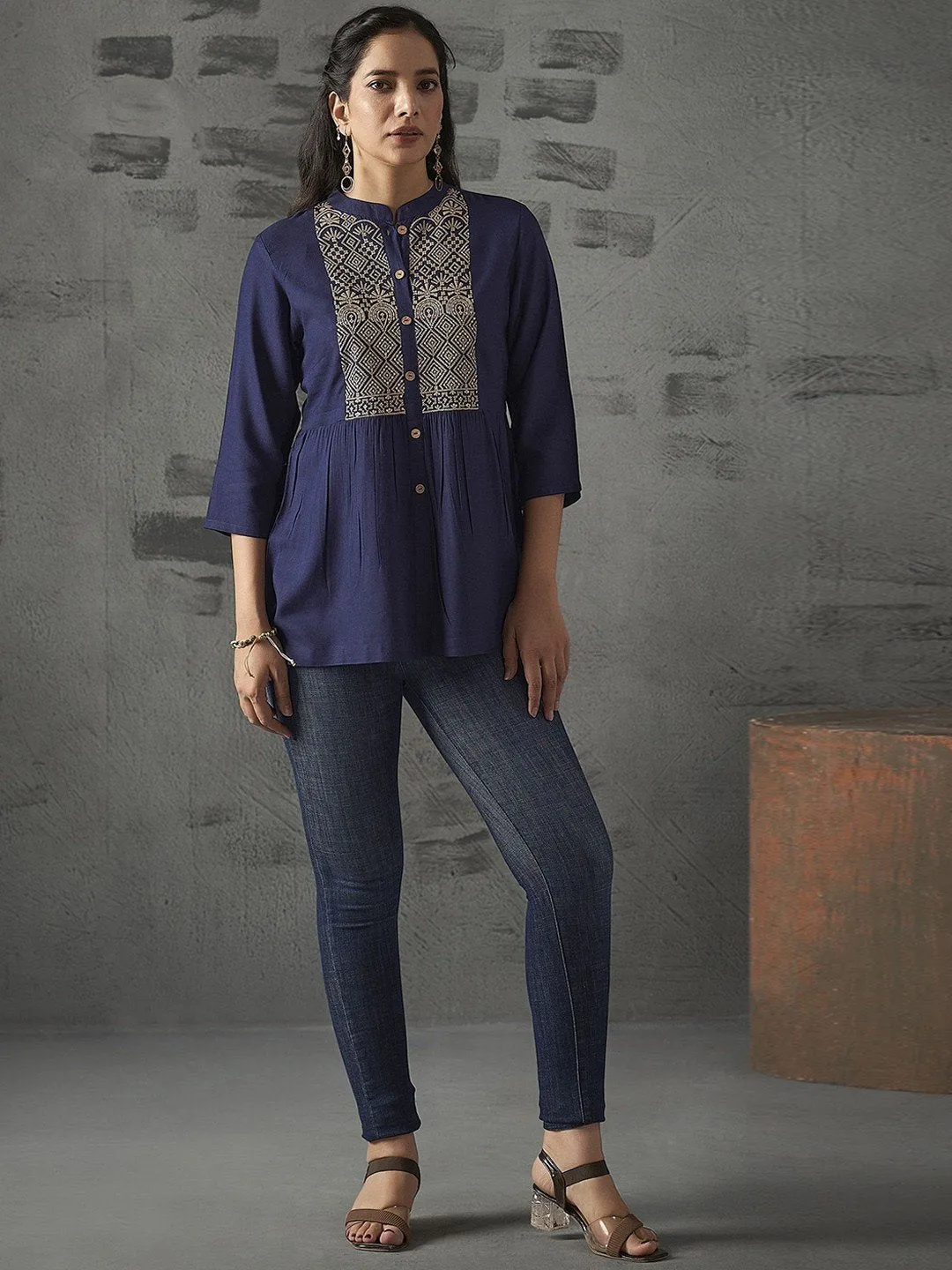 Navy Blue Ethnic Motifs Embroidered Short Kurti with Mandarin Collar