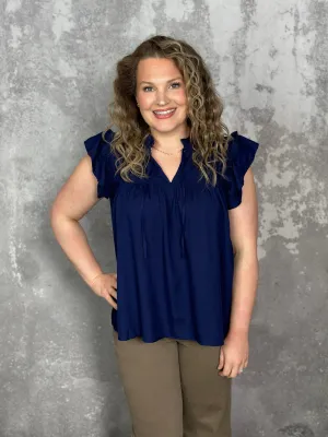 Navy smocked Vneck Ruffle Detail Top