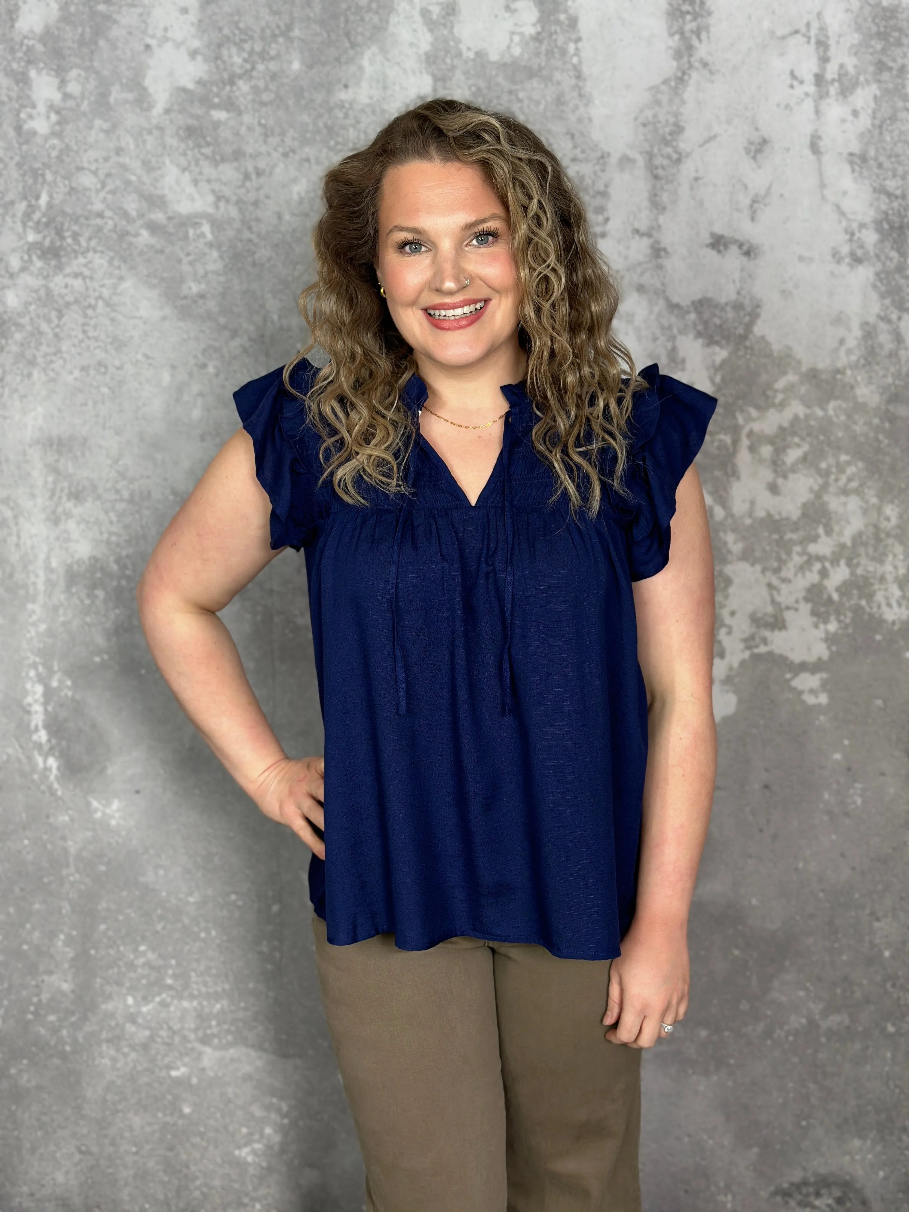 Navy smocked Vneck Ruffle Detail Top
