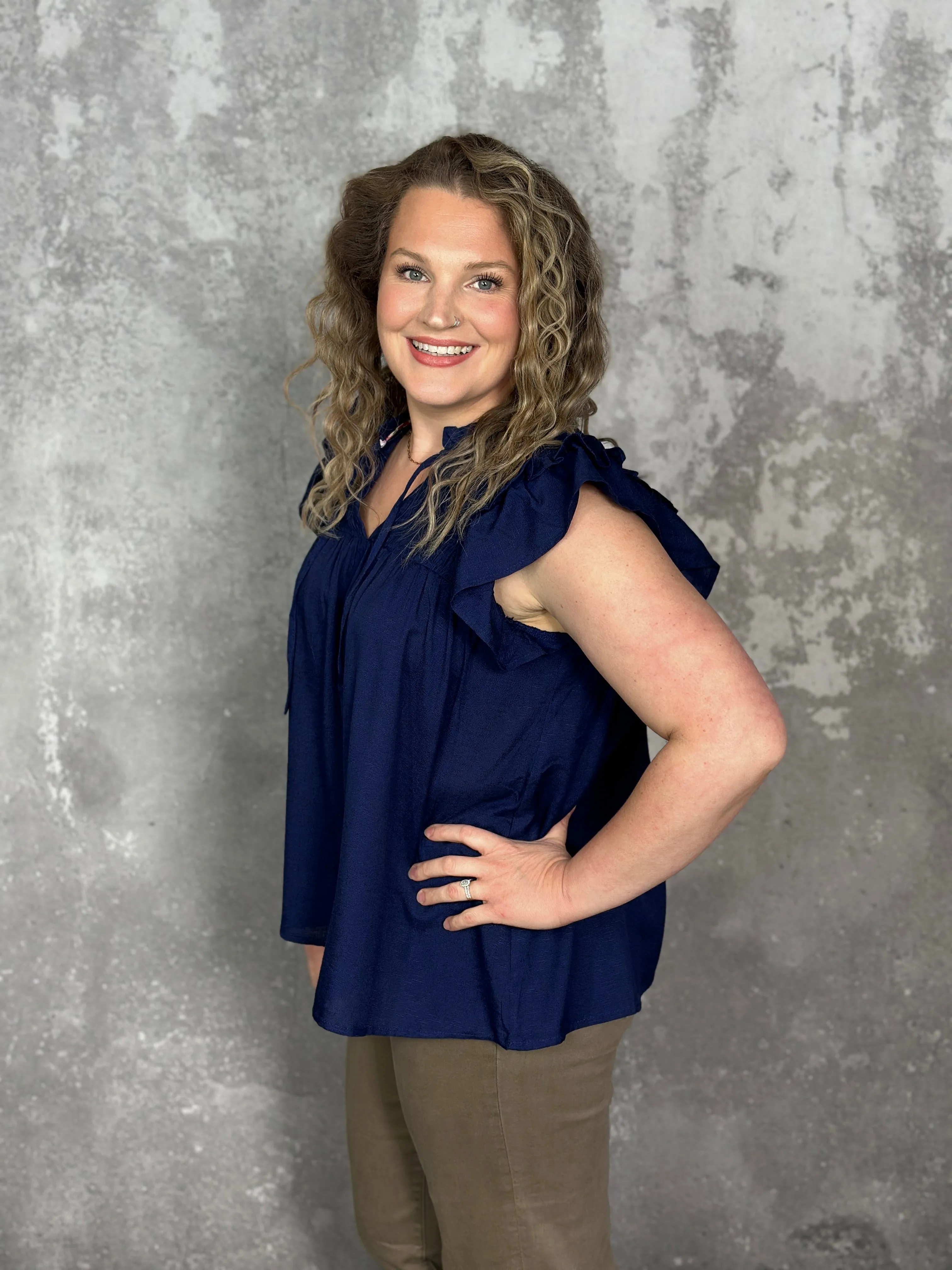 Navy smocked Vneck Ruffle Detail Top