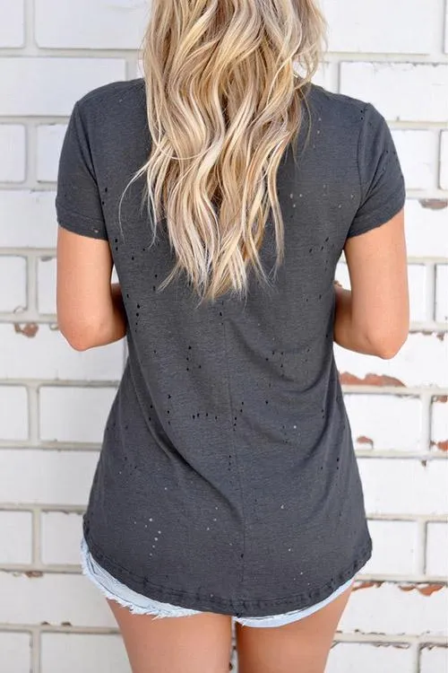 OEM ODM V-Neck Hollow Short Sleeve Grey T-Shirts
