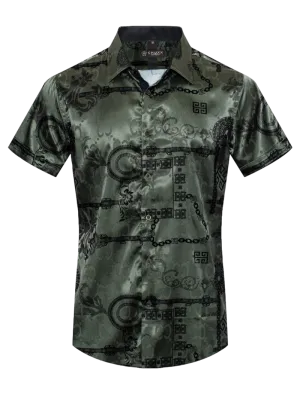 Olive Men's Graphic Design Short Sleeves Shiny Shirt Satin Material