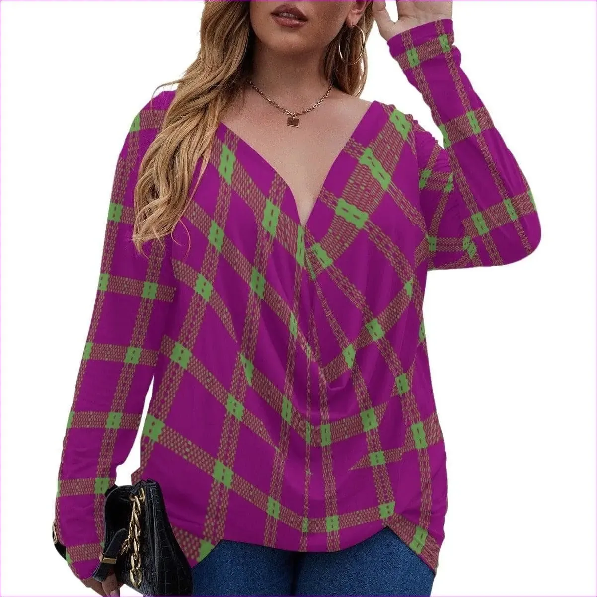 Perfusion Plaid Womens V-neck Plus Draped Longline Top With Long Sleeve Voluptuous ( ) Plus Size