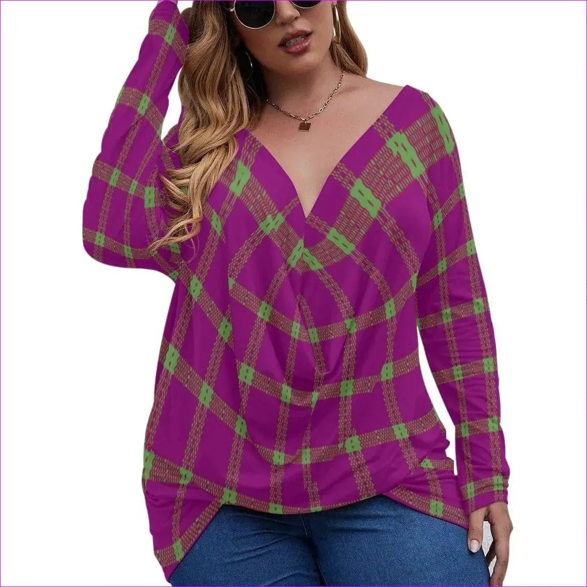 Perfusion Plaid Womens V-neck Plus Draped Longline Top With Long Sleeve Voluptuous ( ) Plus Size
