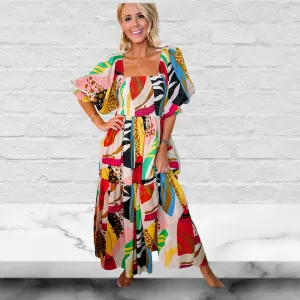 Printed Square Neck Short Sleeve Midi Dress