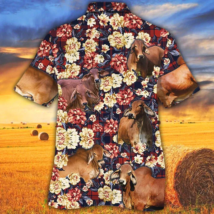 Red Brahman Cattle Red Plaid Hawaiian Shirt men, Cow Hawaiian Shirt, Summer Hawaiian shirt, Animal shirt