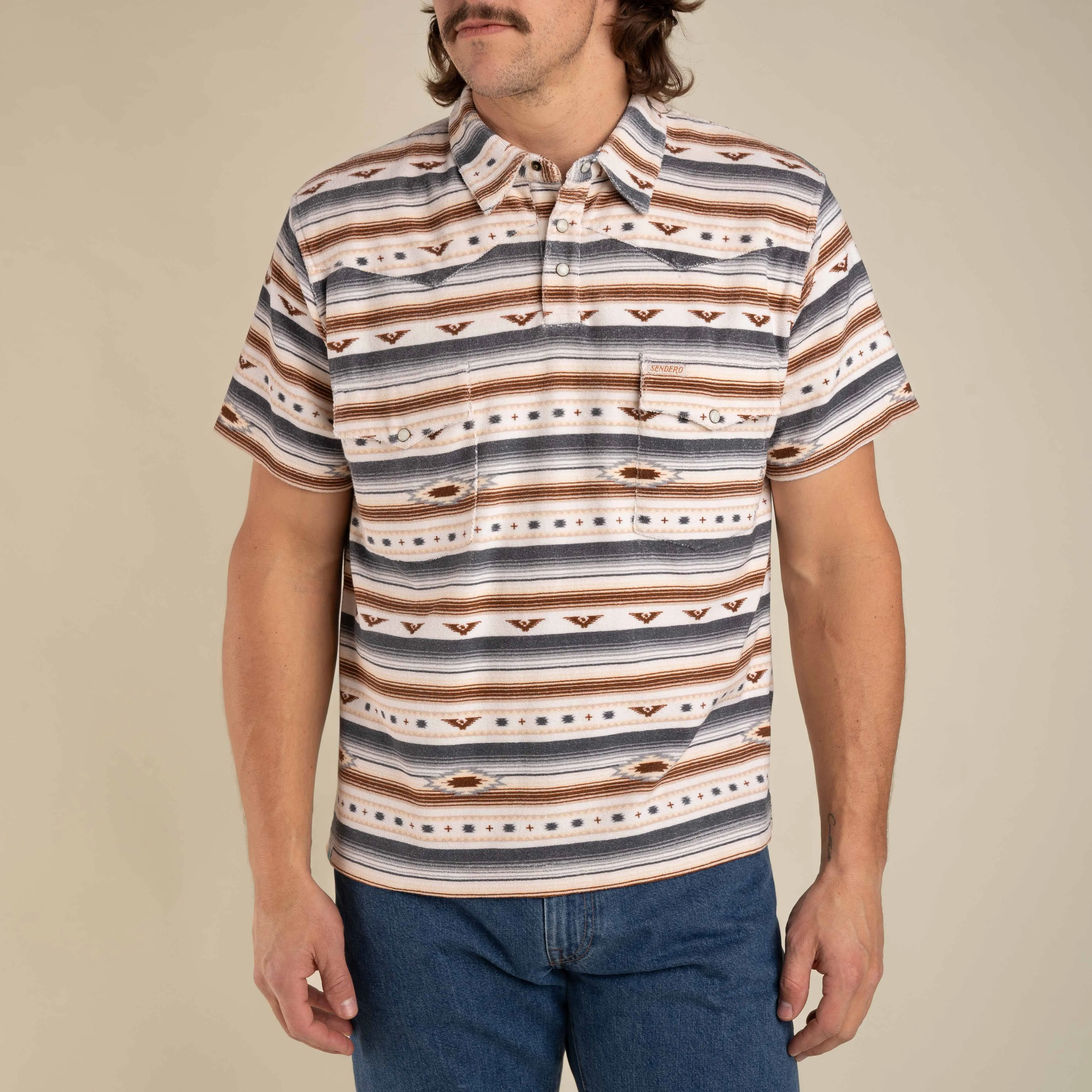 Sendero Provisions Cantina Terry Men's Polo in Gray Tan Southwest
