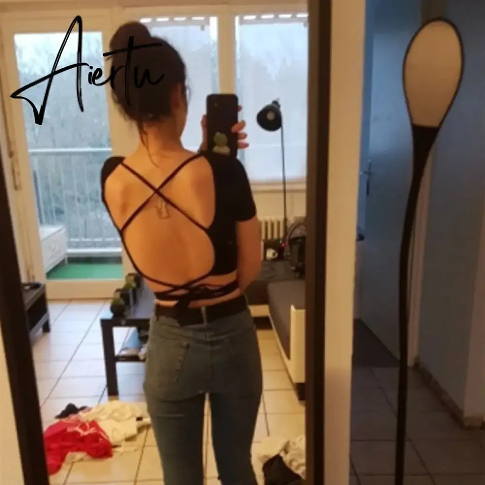 Sexy Women Tee Shirt Harajuku Open Back Cross Bandage T-shirt Short Sleeve Crop Top Summer Hollow Cropped Clothes Vintage Tshirt