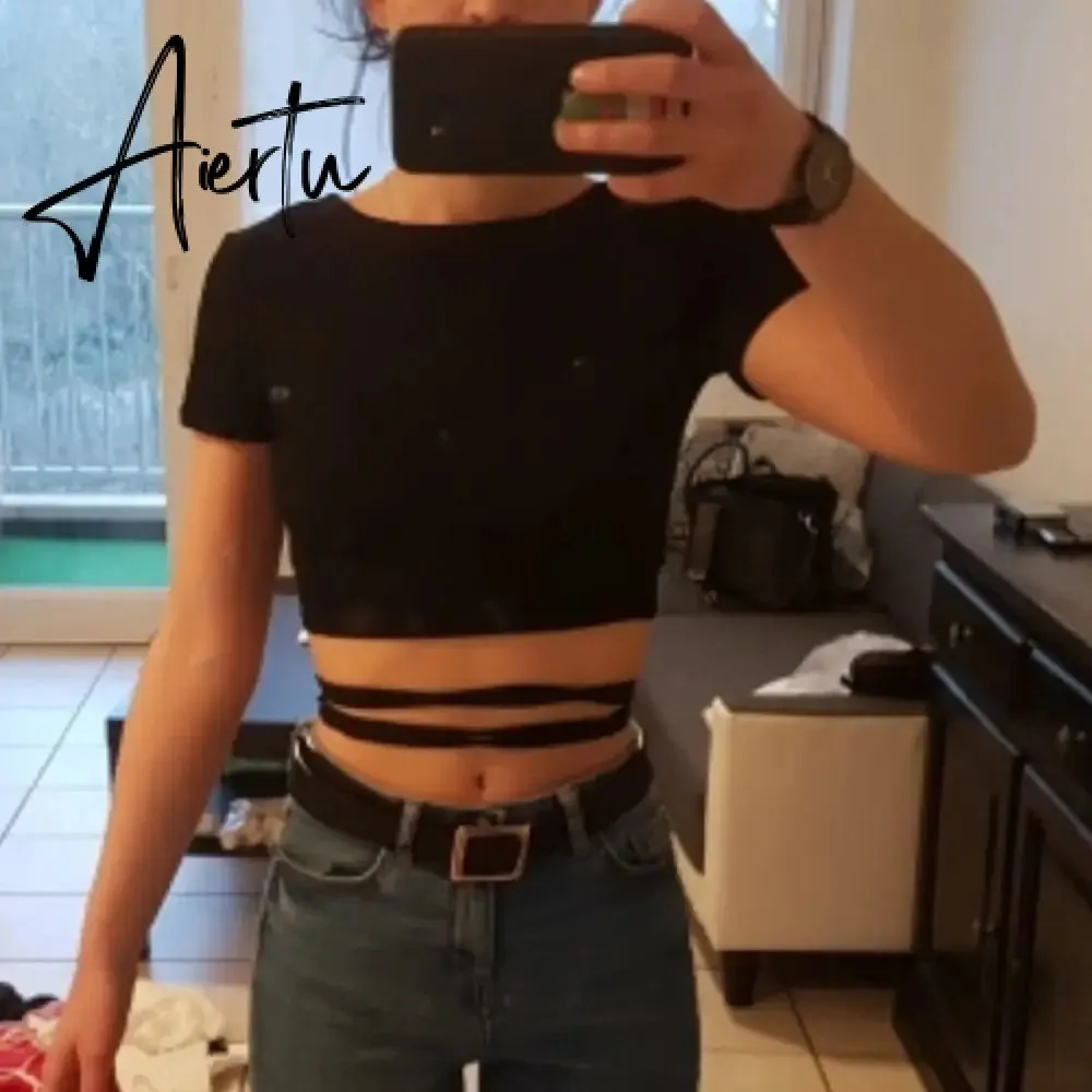 Sexy Women Tee Shirt Harajuku Open Back Cross Bandage T-shirt Short Sleeve Crop Top Summer Hollow Cropped Clothes Vintage Tshirt