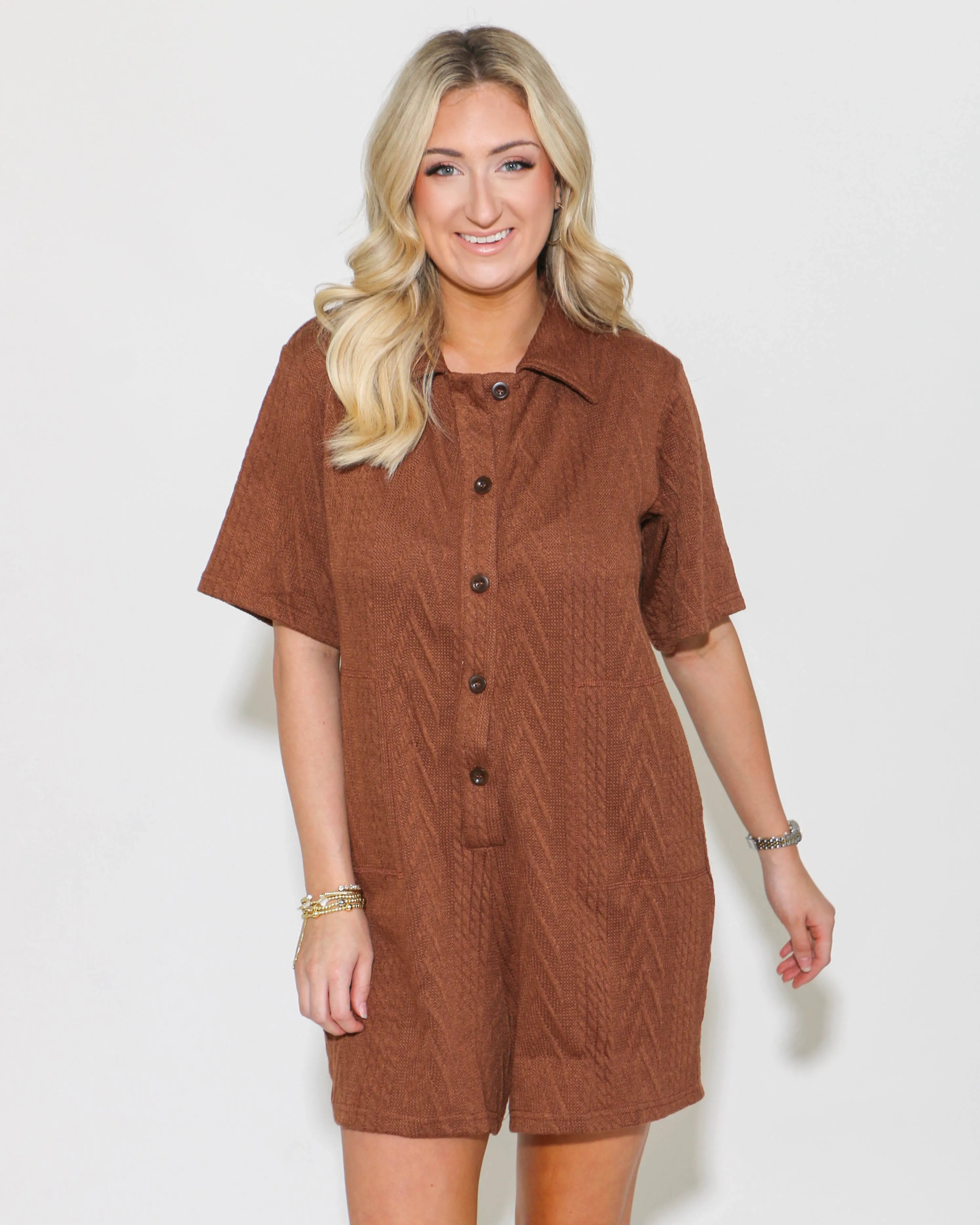 Short Sleeve Button Down Romper in Brown