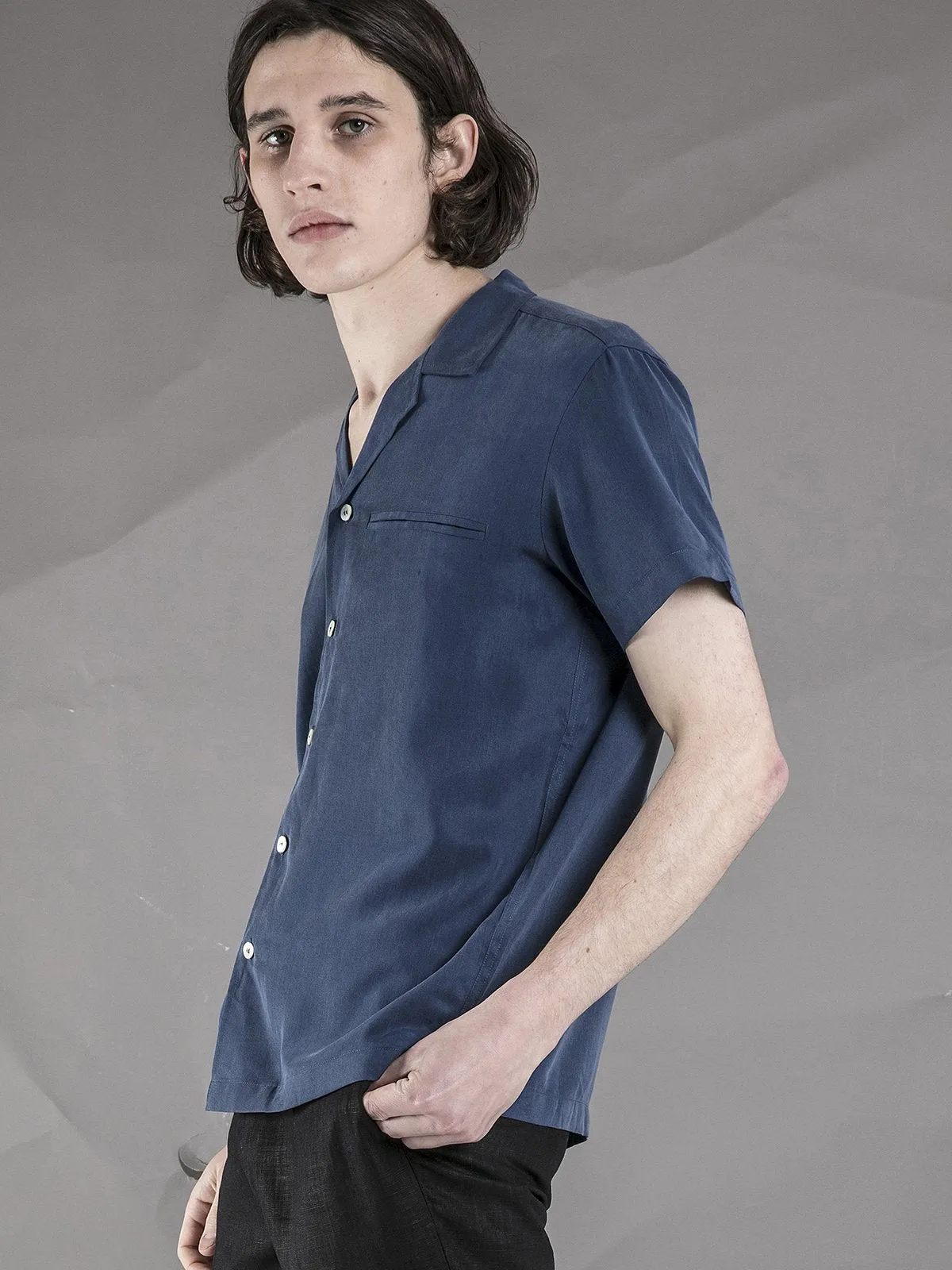 Short Sleeve Camp Collar Shirt - Blue