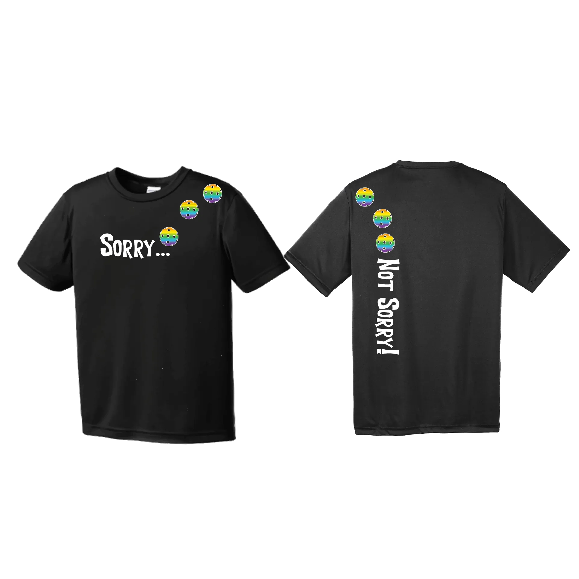 Sorry Not Sorry (Pickleballs Pink Purple Rainbow) | Youth Short Sleeve Pickleball Shirts | 100% Polyester