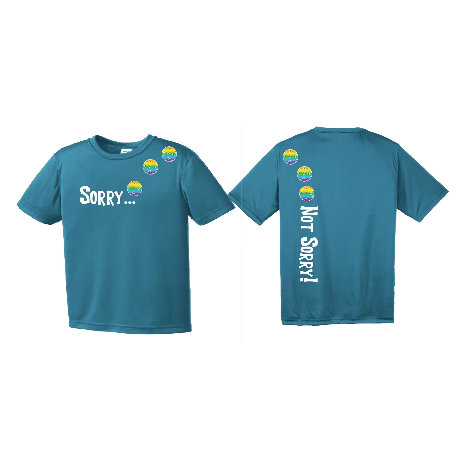 Sorry Not Sorry (Pickleballs Pink Purple Rainbow) | Youth Short Sleeve Pickleball Shirts | 100% Polyester