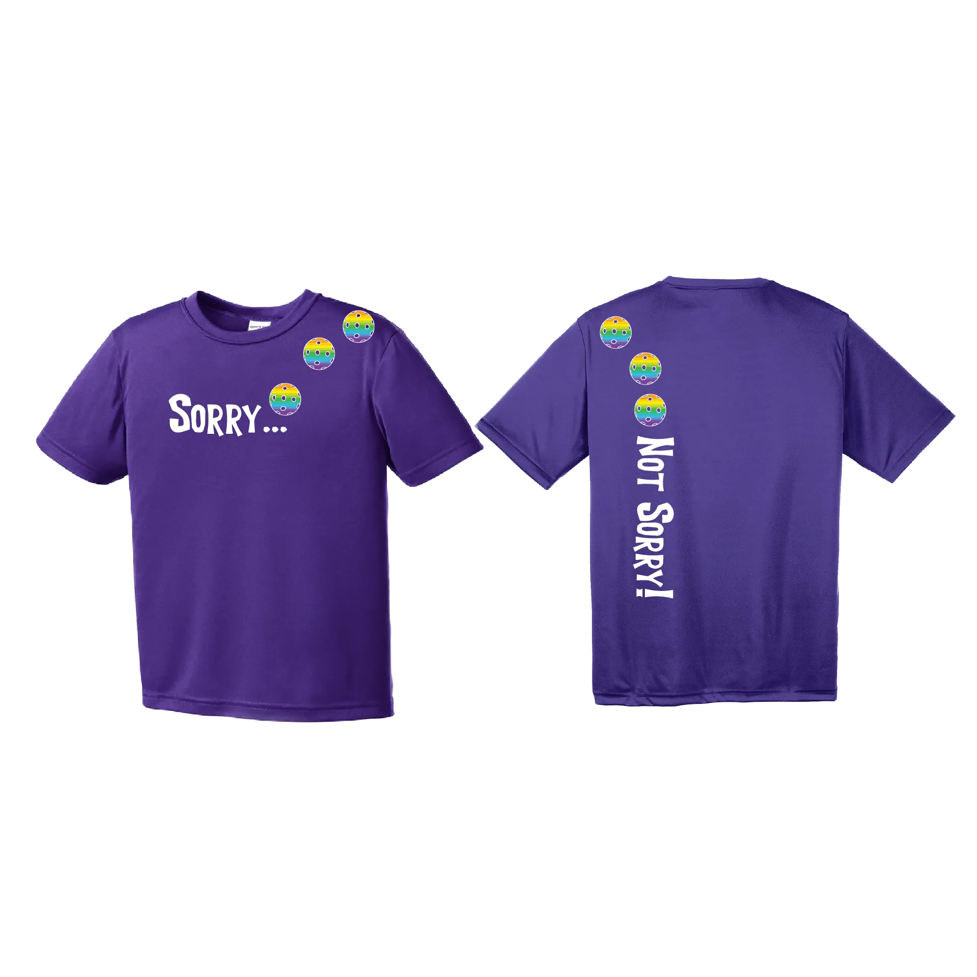 Sorry Not Sorry (Pickleballs Pink Purple Rainbow) | Youth Short Sleeve Pickleball Shirts | 100% Polyester