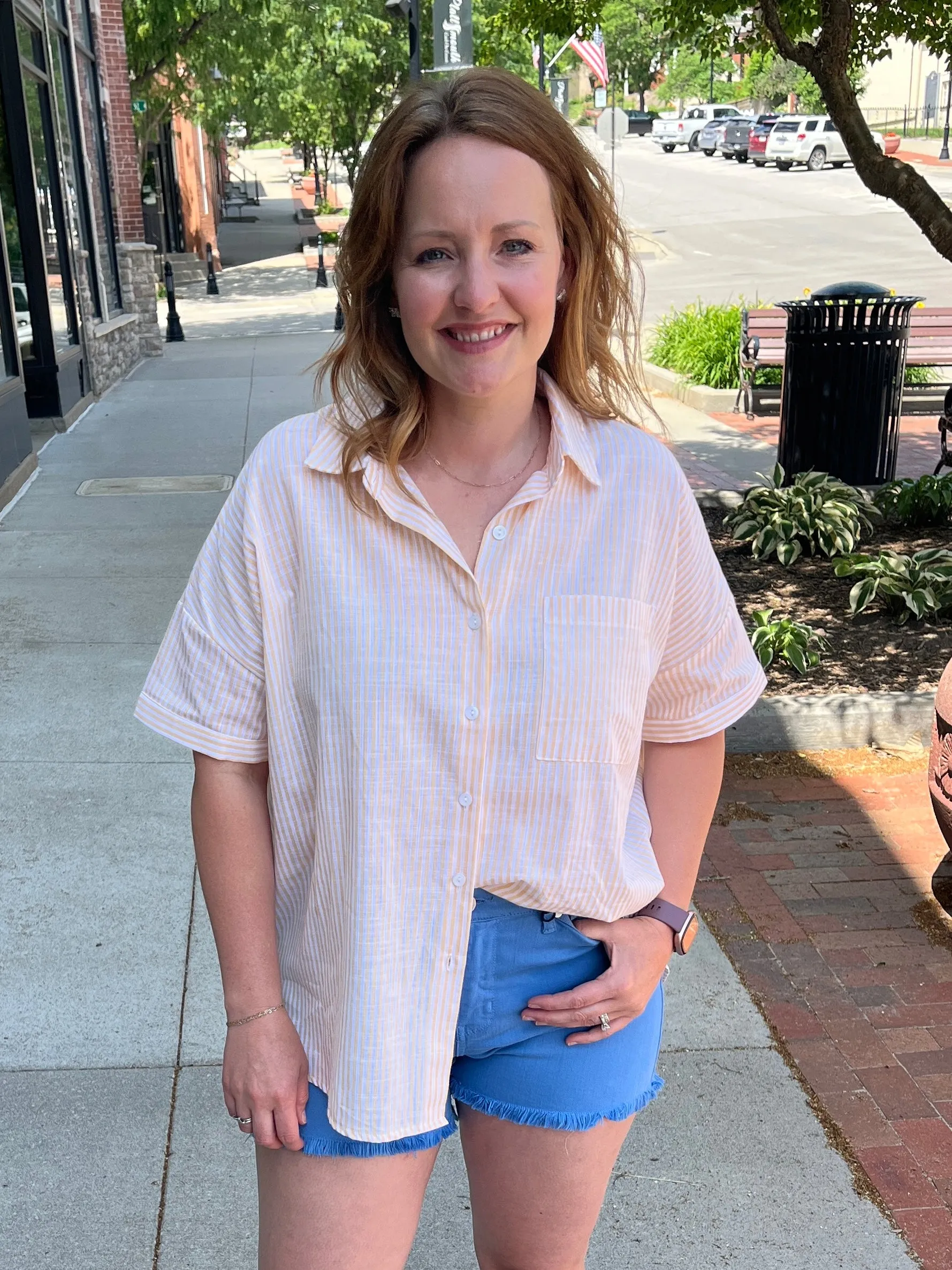 Stripe Woven Button Front Top