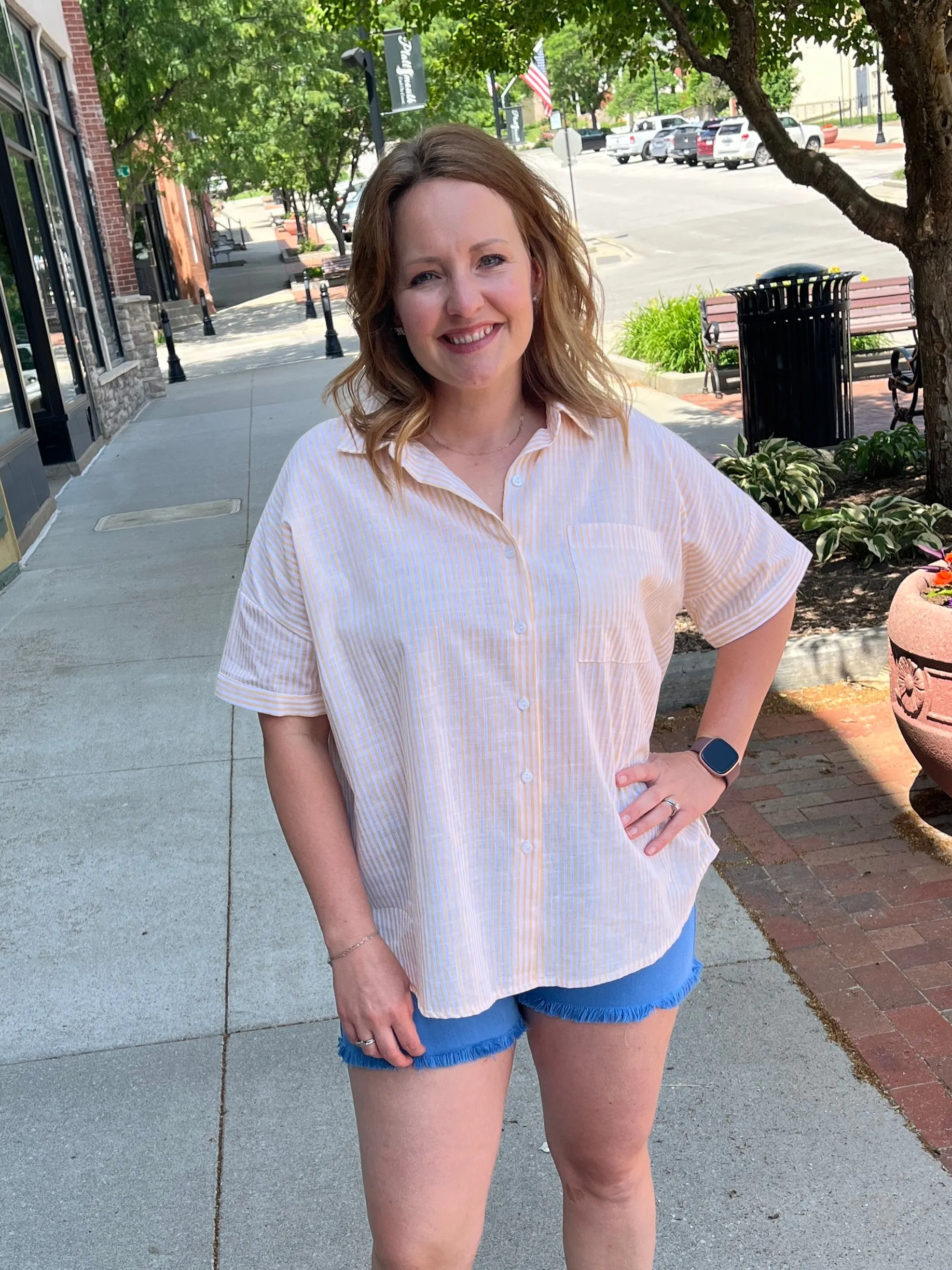 Stripe Woven Button Front Top