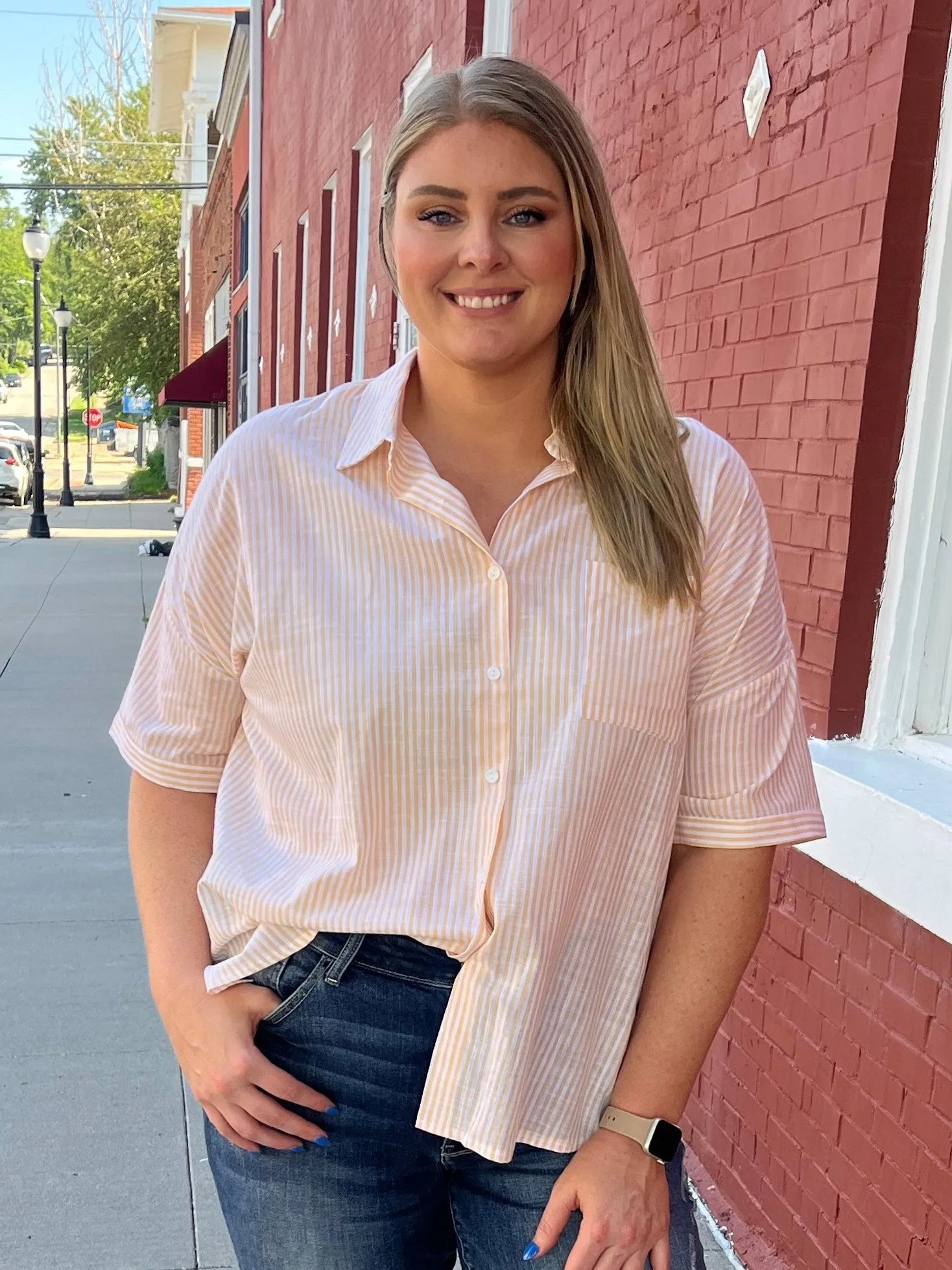 Stripe Woven Button Front Top