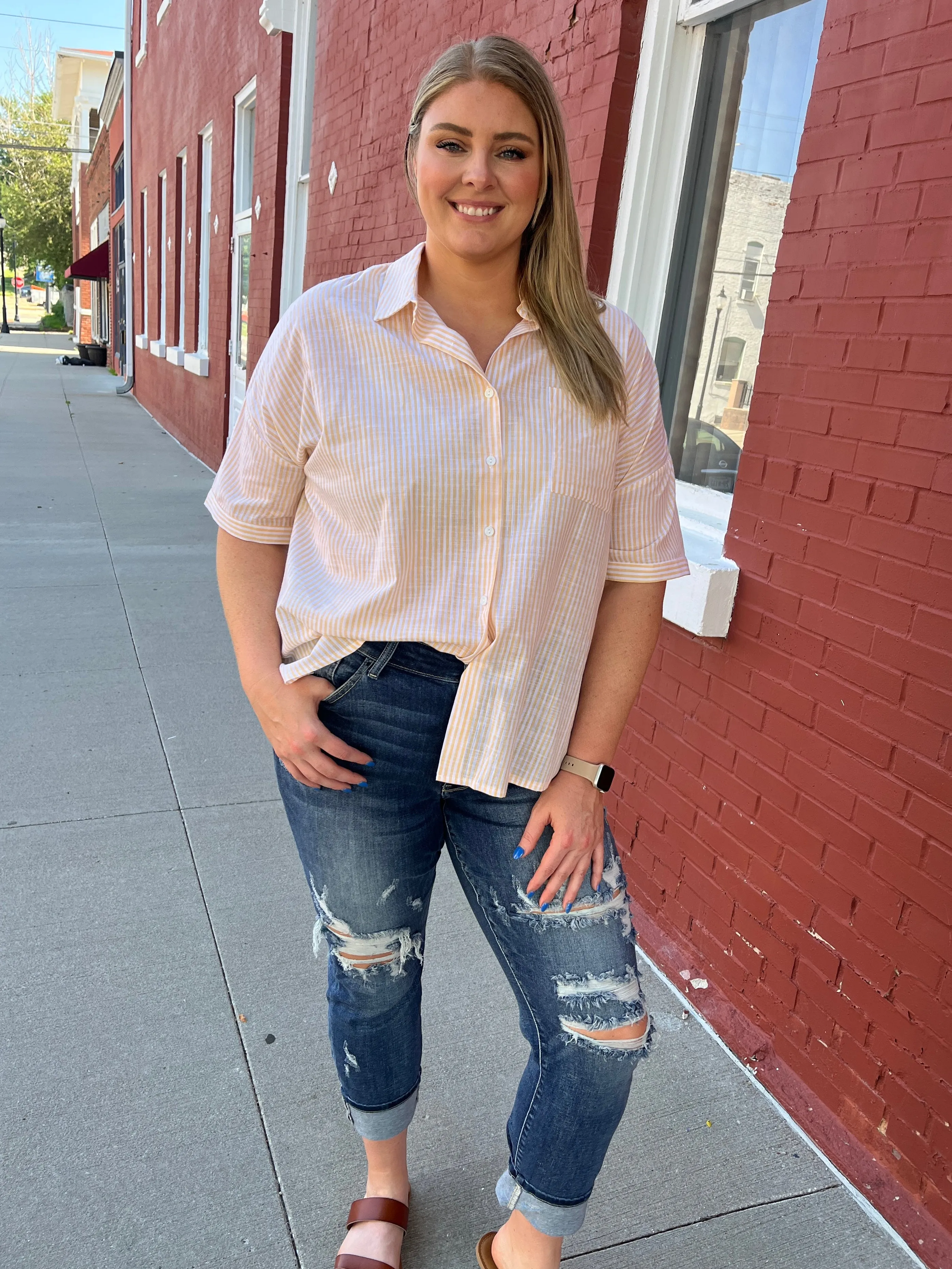 Stripe Woven Button Front Top