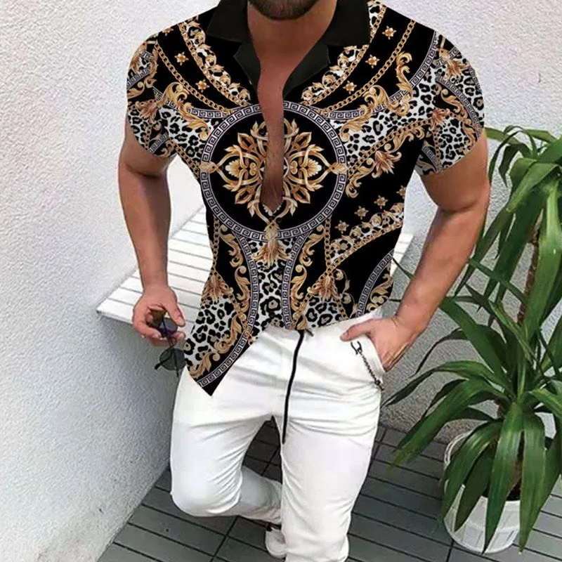 Summer New Men's Clothing European American Retro Trend Shirt Cardigan Men's fashion trend  Short Sleeve