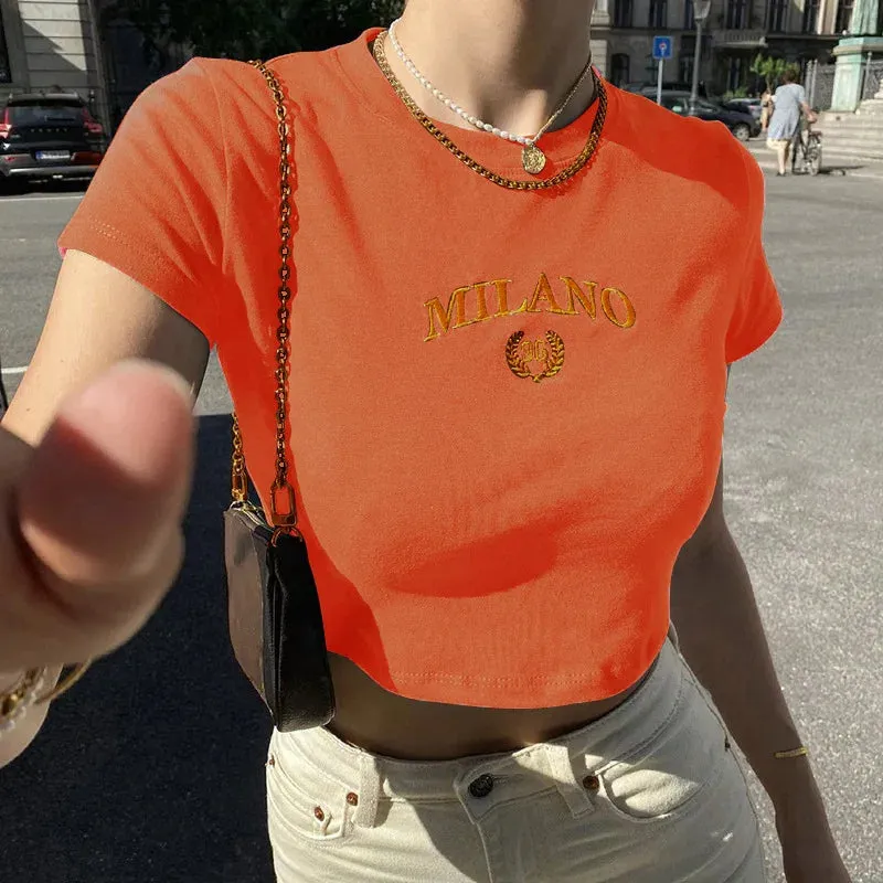 Summer Short Sleeve T-Shirt Women Black Casual Sexy O-Neck Tees Letter Embroidery Crop Top Fashionable Streetwear Basic Top