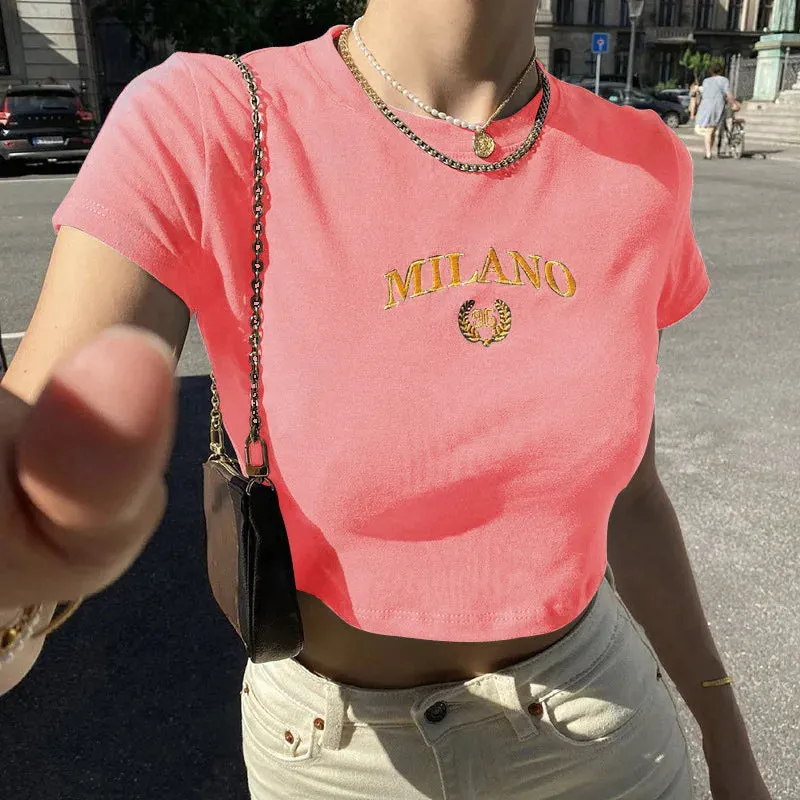 Summer Short Sleeve T-Shirt Women Black Casual Sexy O-Neck Tees Letter Embroidery Crop Top Fashionable Streetwear Basic Top
