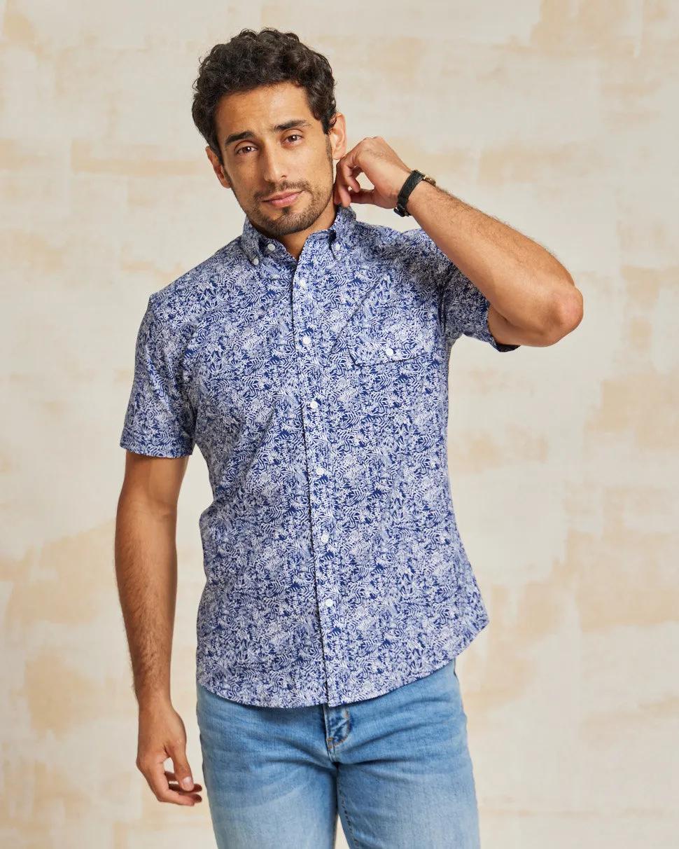 The Dean - BD Cutaway Shirt SS - Navy/White Leaves Print
