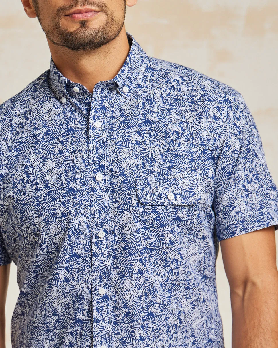The Dean - BD Cutaway Shirt SS - Navy/White Leaves Print