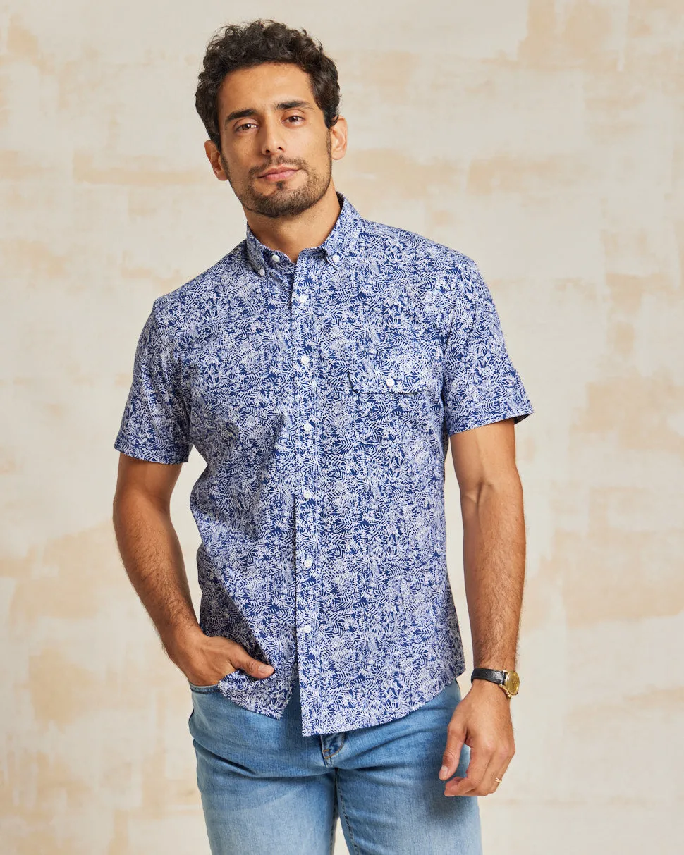 The Dean - BD Cutaway Shirt SS - Navy/White Leaves Print