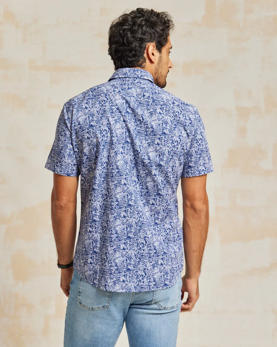 The Dean - BD Cutaway Shirt SS - Navy/White Leaves Print