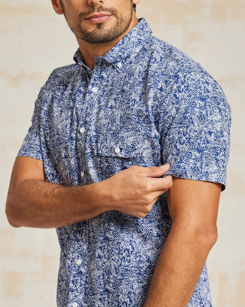 The Dean - BD Cutaway Shirt SS - Navy/White Leaves Print