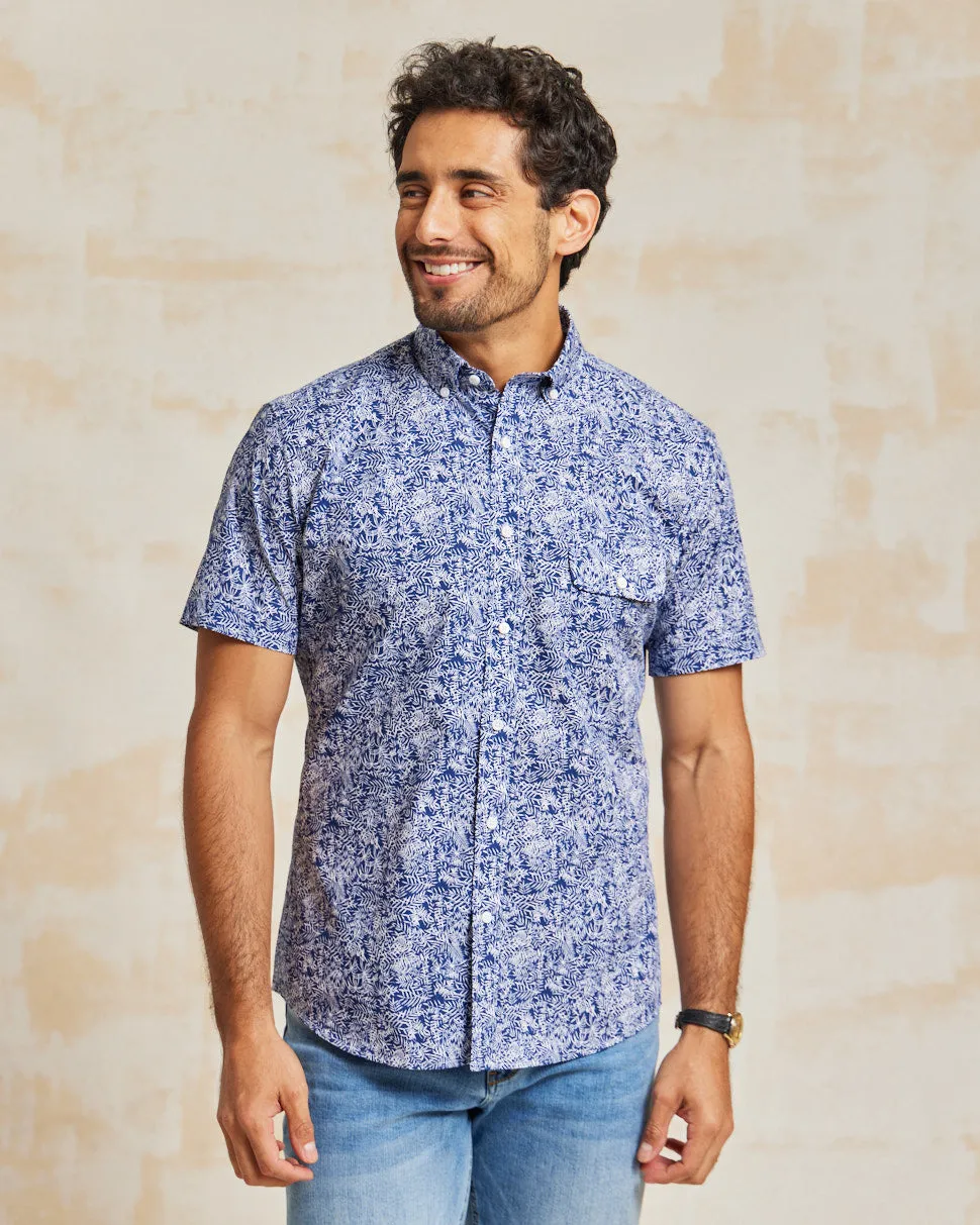 The Dean - BD Cutaway Shirt SS - Navy/White Leaves Print