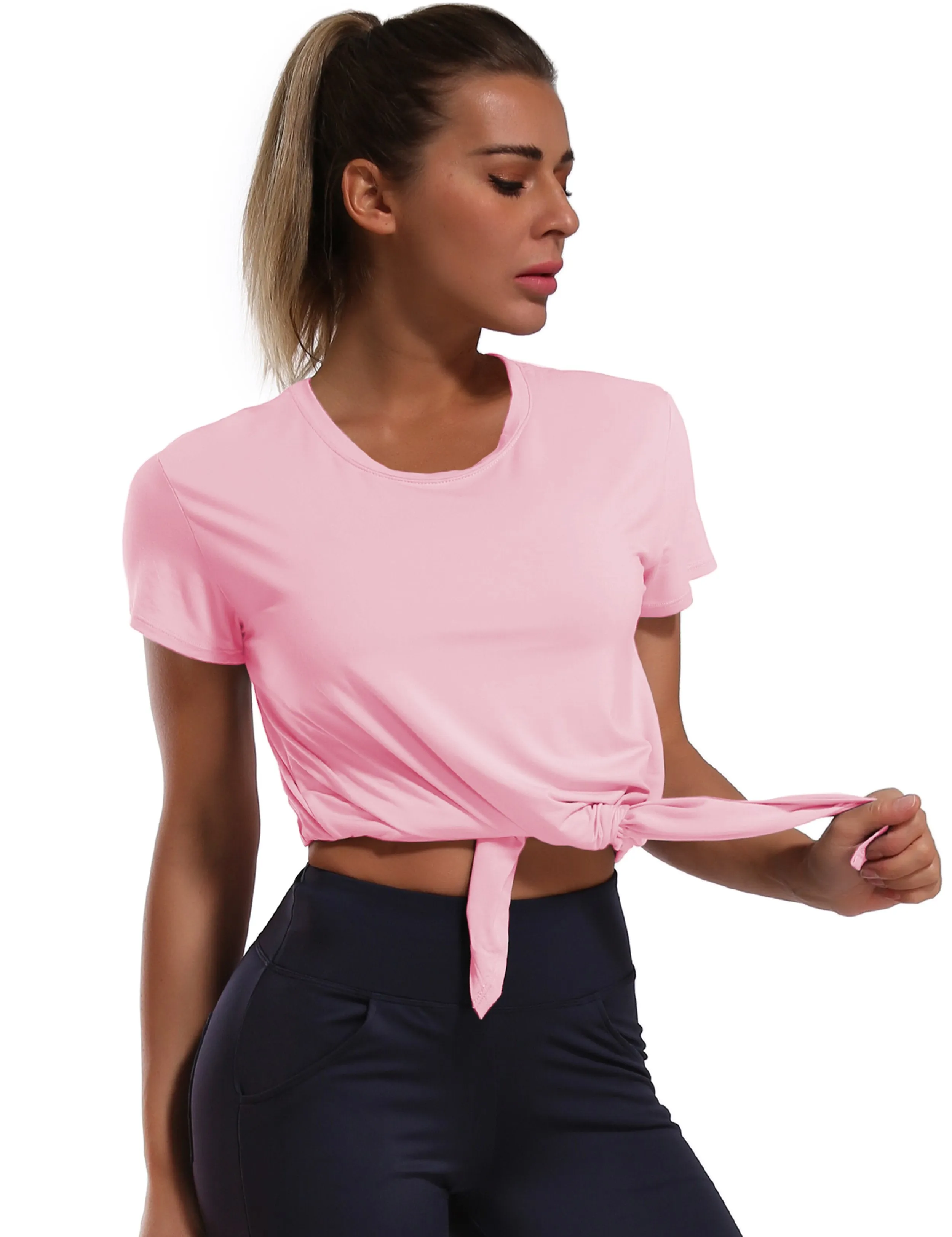 Tie Up Crop Top Short Sleeve T-Shirt lightpink ins