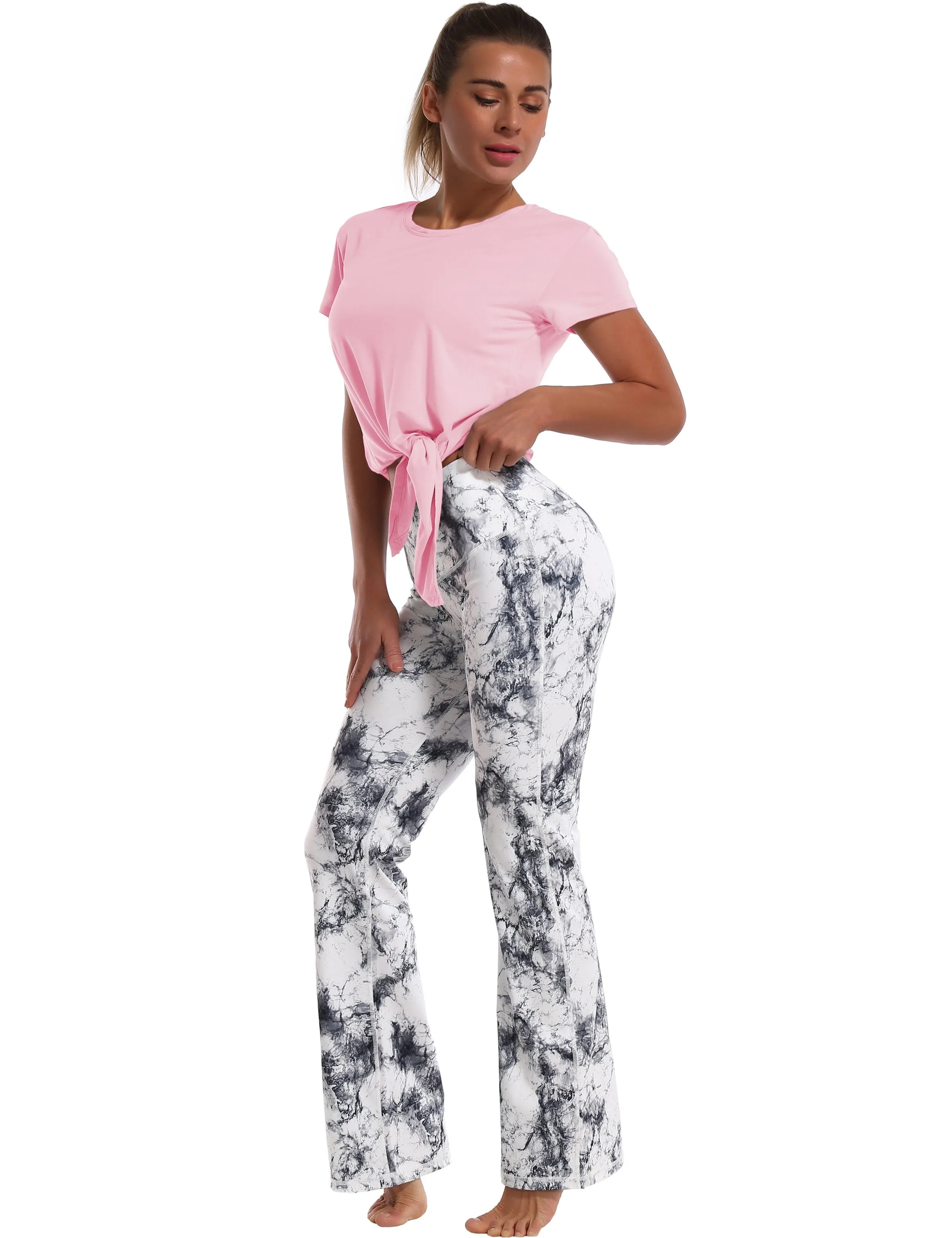 Tie Up Crop Top Short Sleeve T-Shirt lightpink ins