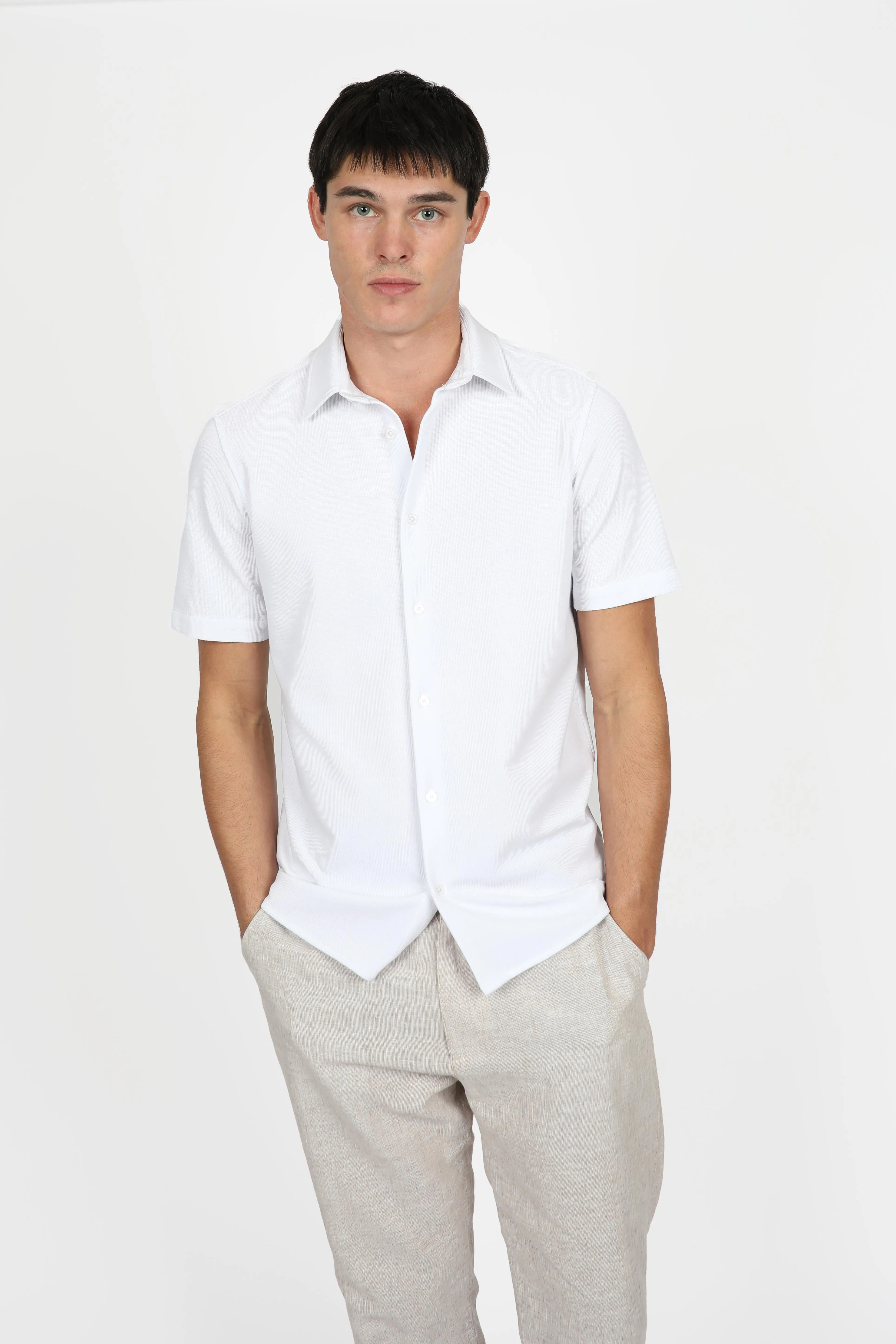 White Knitted Waffle Shirt